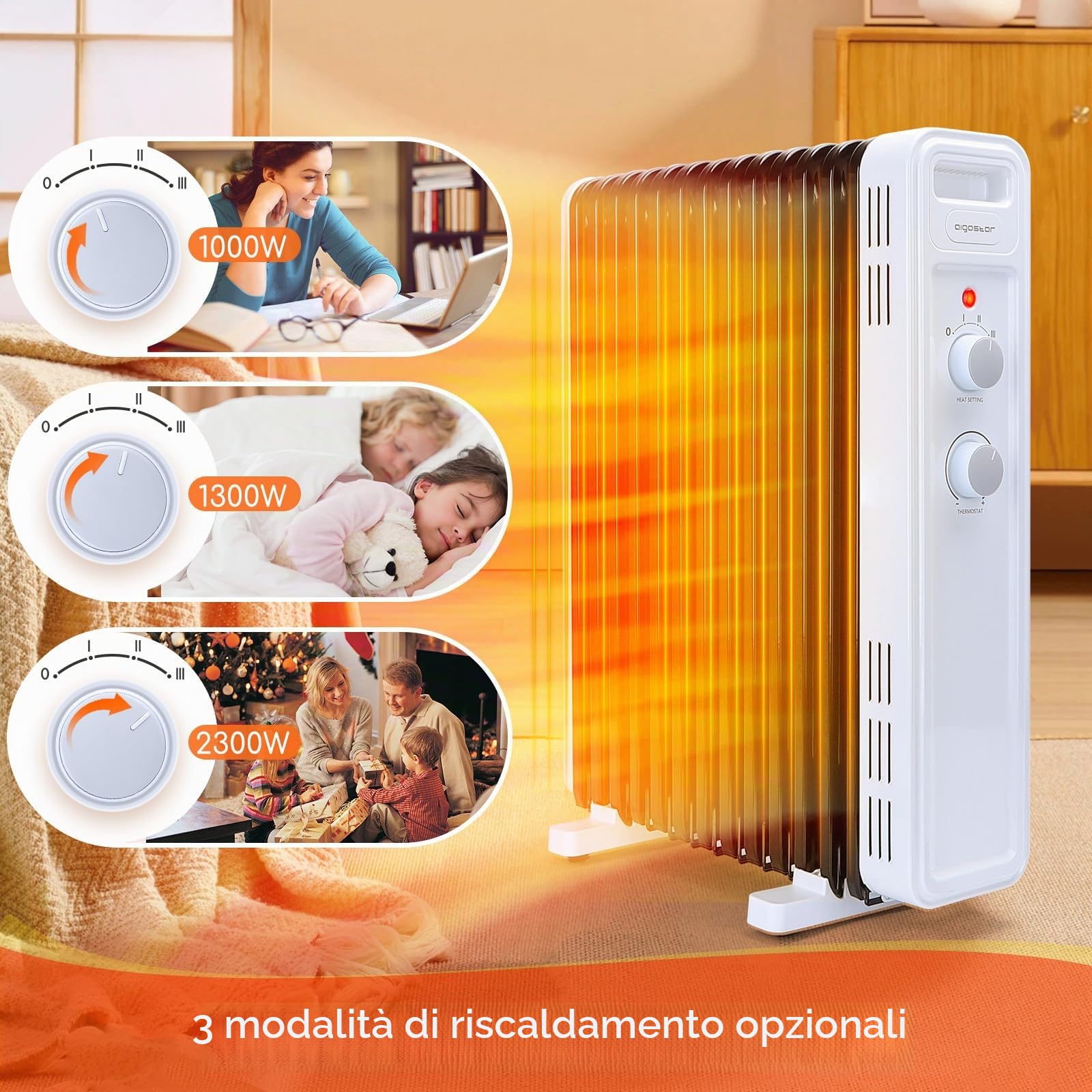 AIGOSTAR LUKE- radiatore ad olio elettrico, 11 Elementi, 2300 W. Termostato Regolabile, 3 Impostazioni di Calore, Risparmio Energetico, Protezione da Surriscaldamento e Antiribaltamento, 20mq