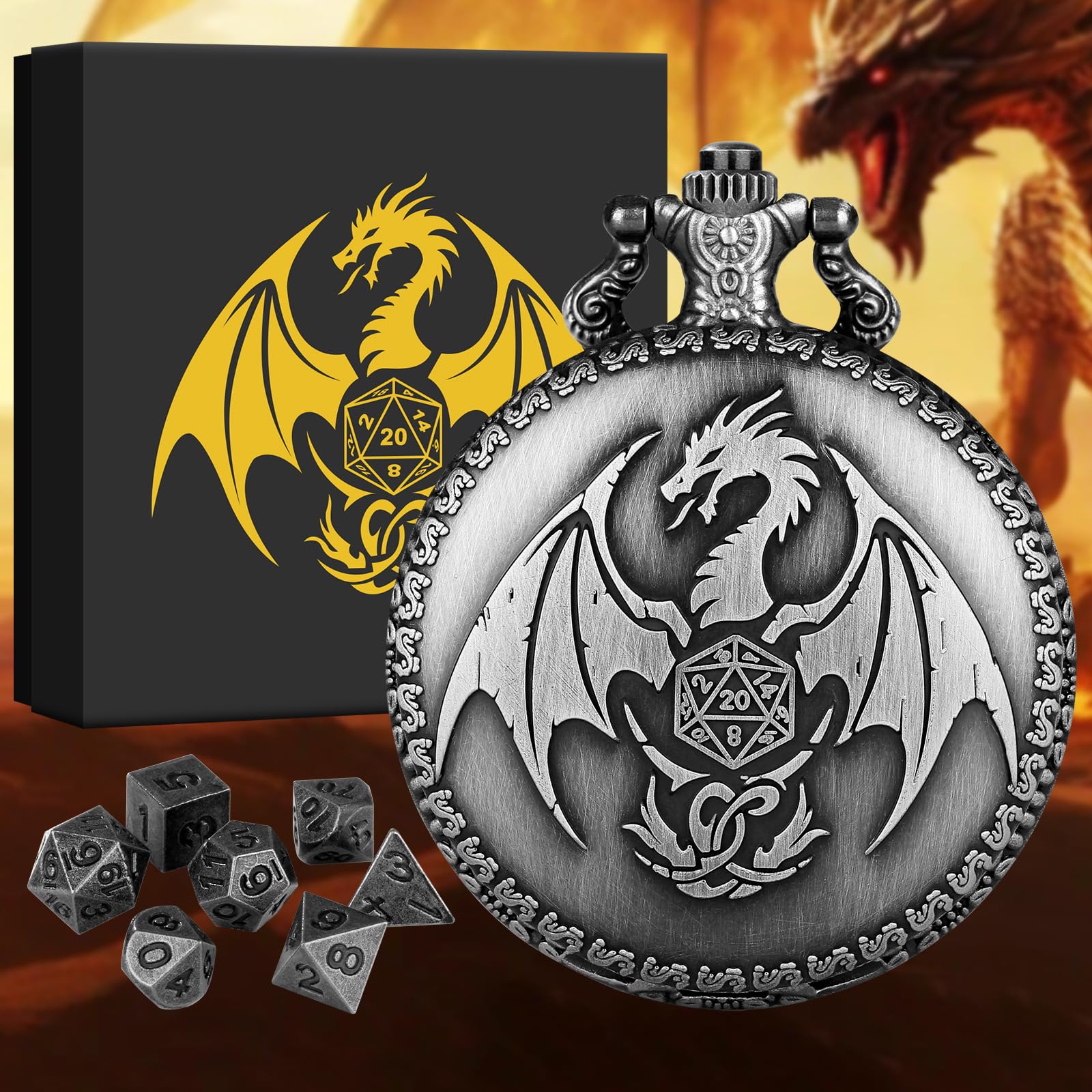 BYRRSF Mini DND Dice Set Steampunk Dragon Pocket Watch Shell Case, 7pcs Polyhedral Metal D&D Dice Set, DND Gifts with Gift Box, Role Playing Board Games Accessories, Silver
