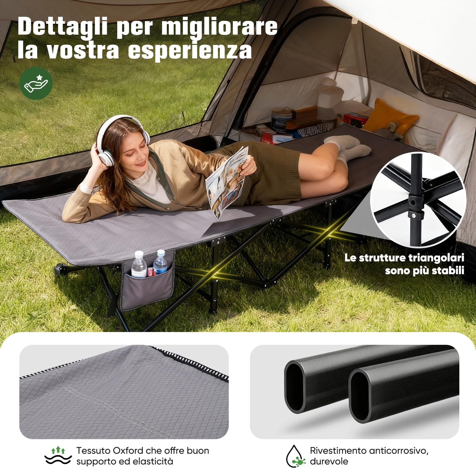 Sekey Letto da campeggio pieghevole XXL, 190 x 71 x 35 cm, extra largo, con tubi in acciaio rinforzato e tessuto Oxford di alta qualità, ideale come lettino da pesca e campeggio