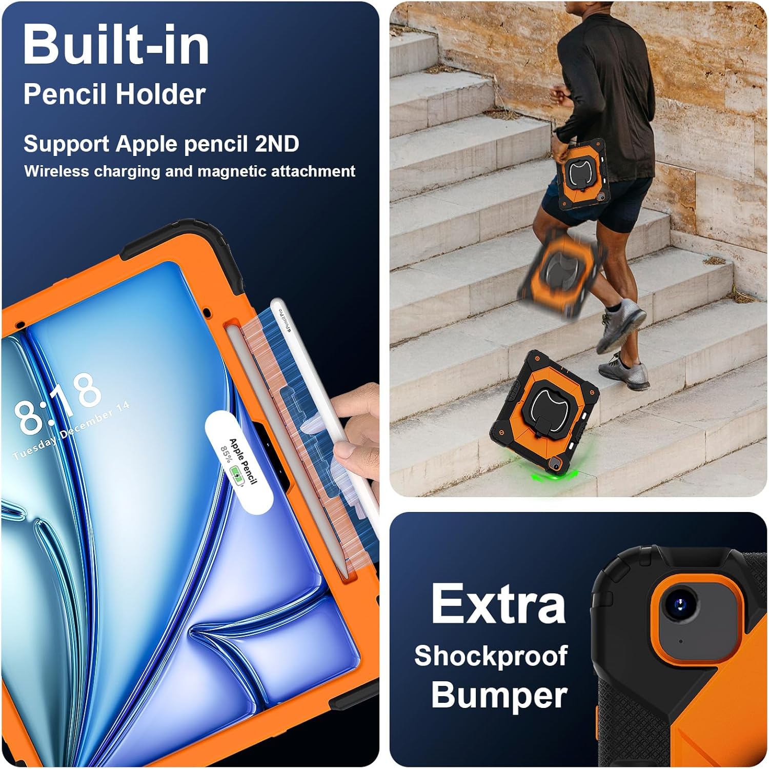 for iPad Air 13 Inch Case M2 2024 Shoulder Strap & Pen Holder Heavy Duty Case for iPad Air 13 (Black+ Orange)