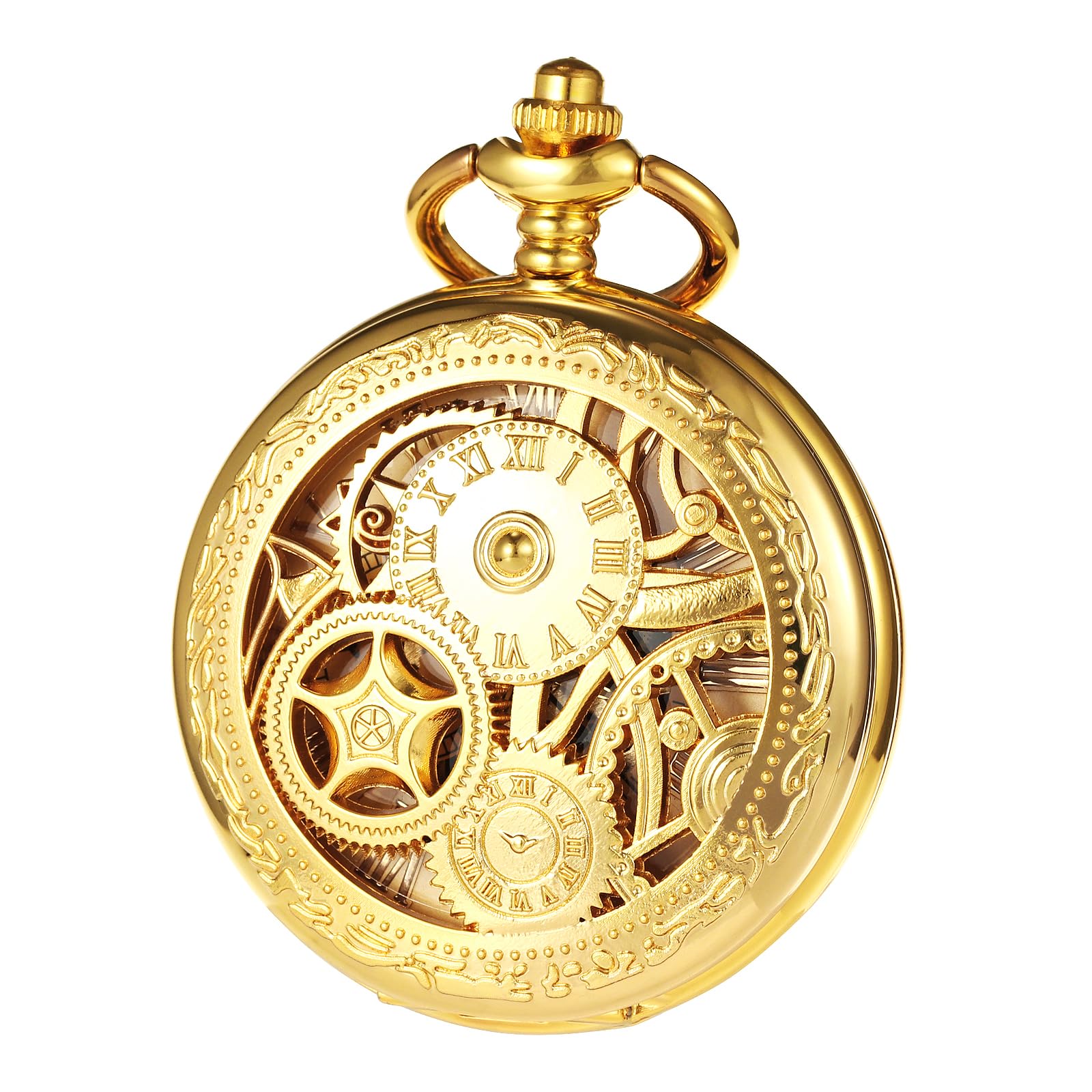 TREEWETO Reloj de bolsillo para hombre con cadena, diseño de transmisión retro, doble tapa, reloj de cadena mecánico antiguo, números romanos para padre, abuelo, cumpleaños, aniversario