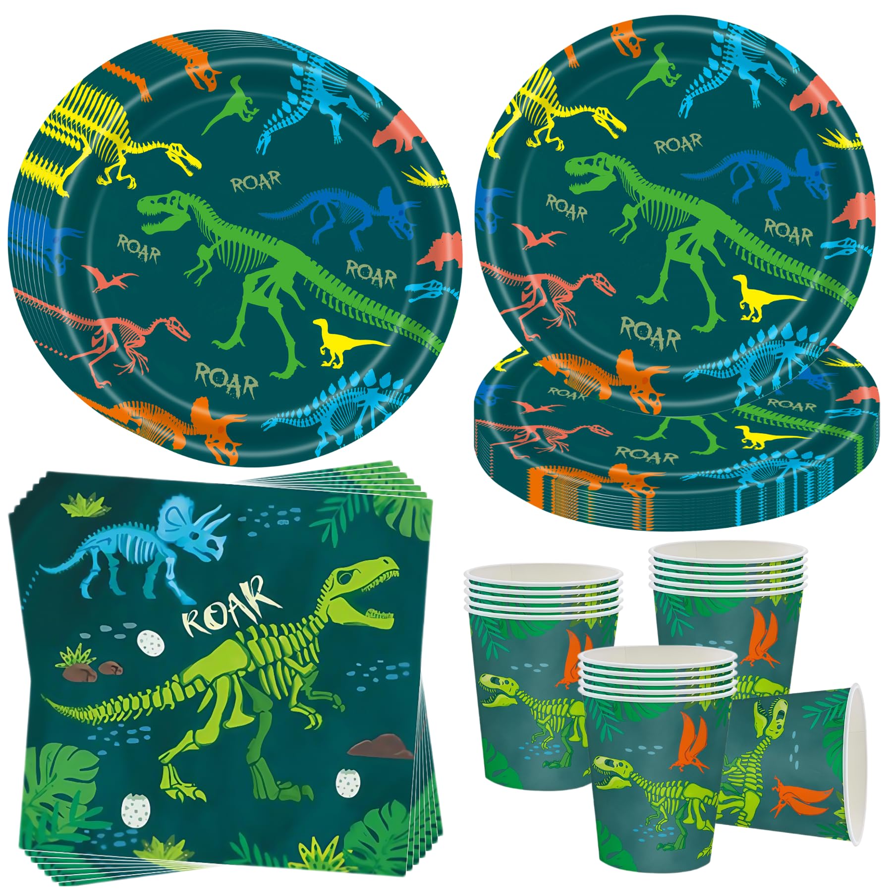 OMZSXK Dino Dinosaurier Partygeschirr für 16 Gäste,Dinosaurier Dino Partyteller Geburtstag Geschirr,Jura Party Deko Dinosaurier Dino Pappteller Becher Servietten für Kindergeburtstag Deko