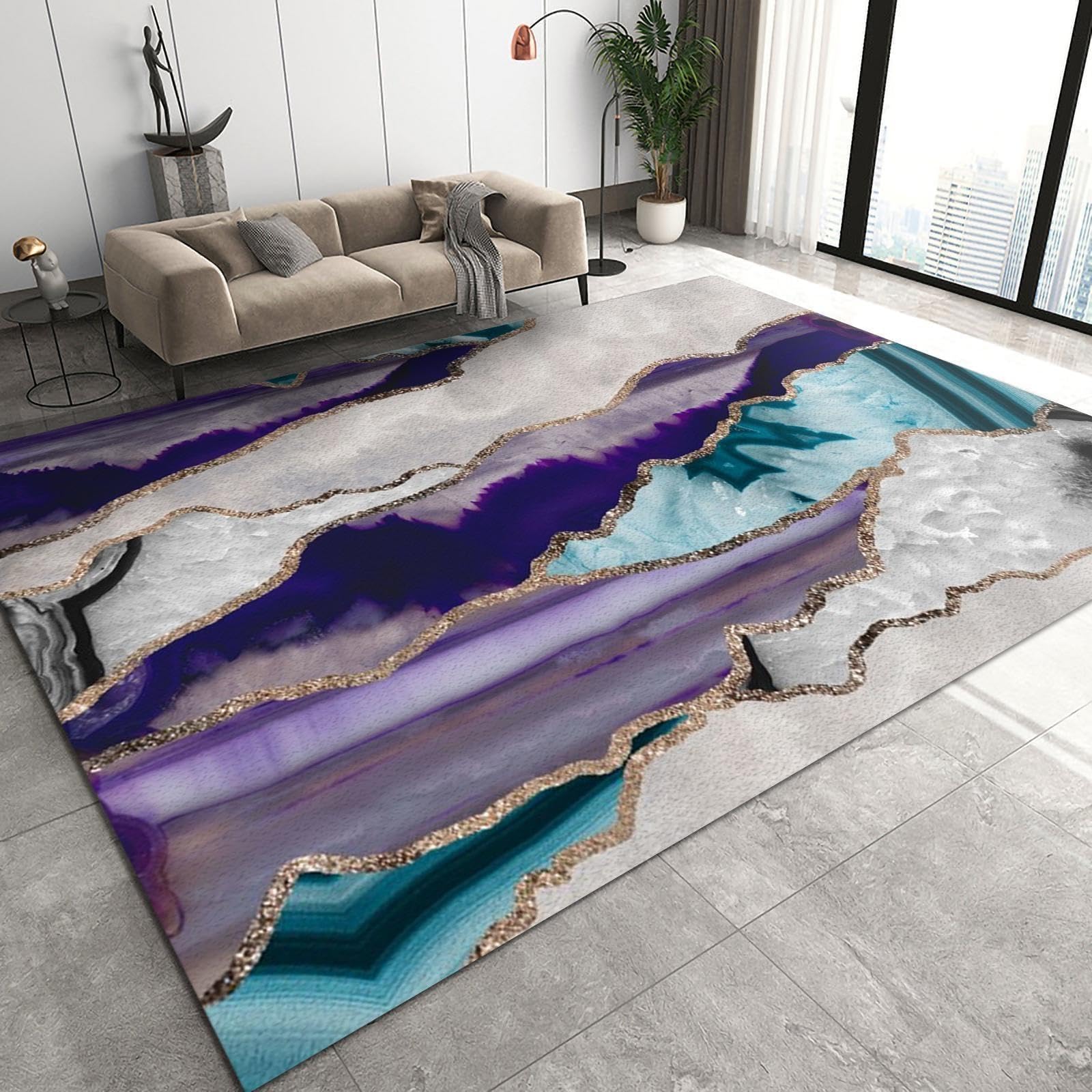 Gradient Purple Marble Area Rug 5x7 Living Room Rug, Luxurious Emerald Gemstone Stripes Rug Washable Carpet Easy to Clean for Teen Room Bathroom Rug
