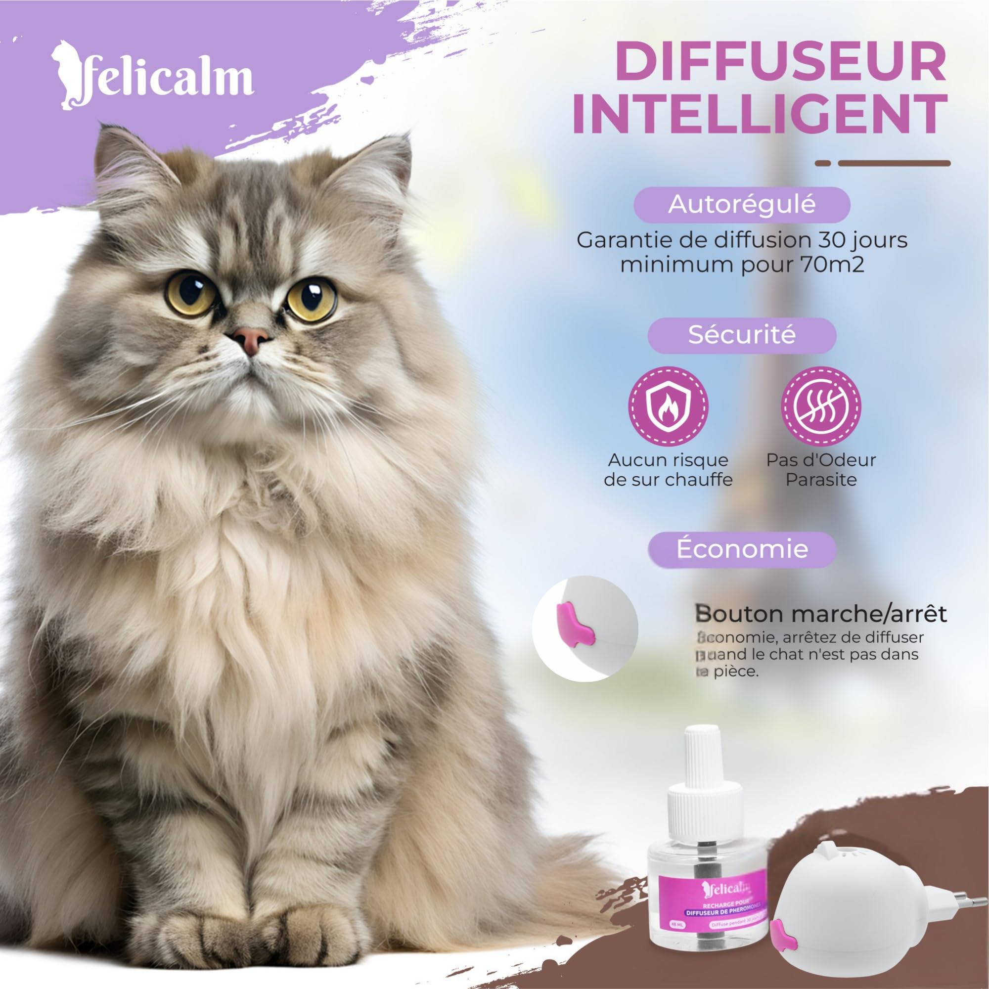 Diffuseur Chat Valériane + Phéromones sans Odeur- Double Action Apaisante, 2 Recharges 60 J de Calme