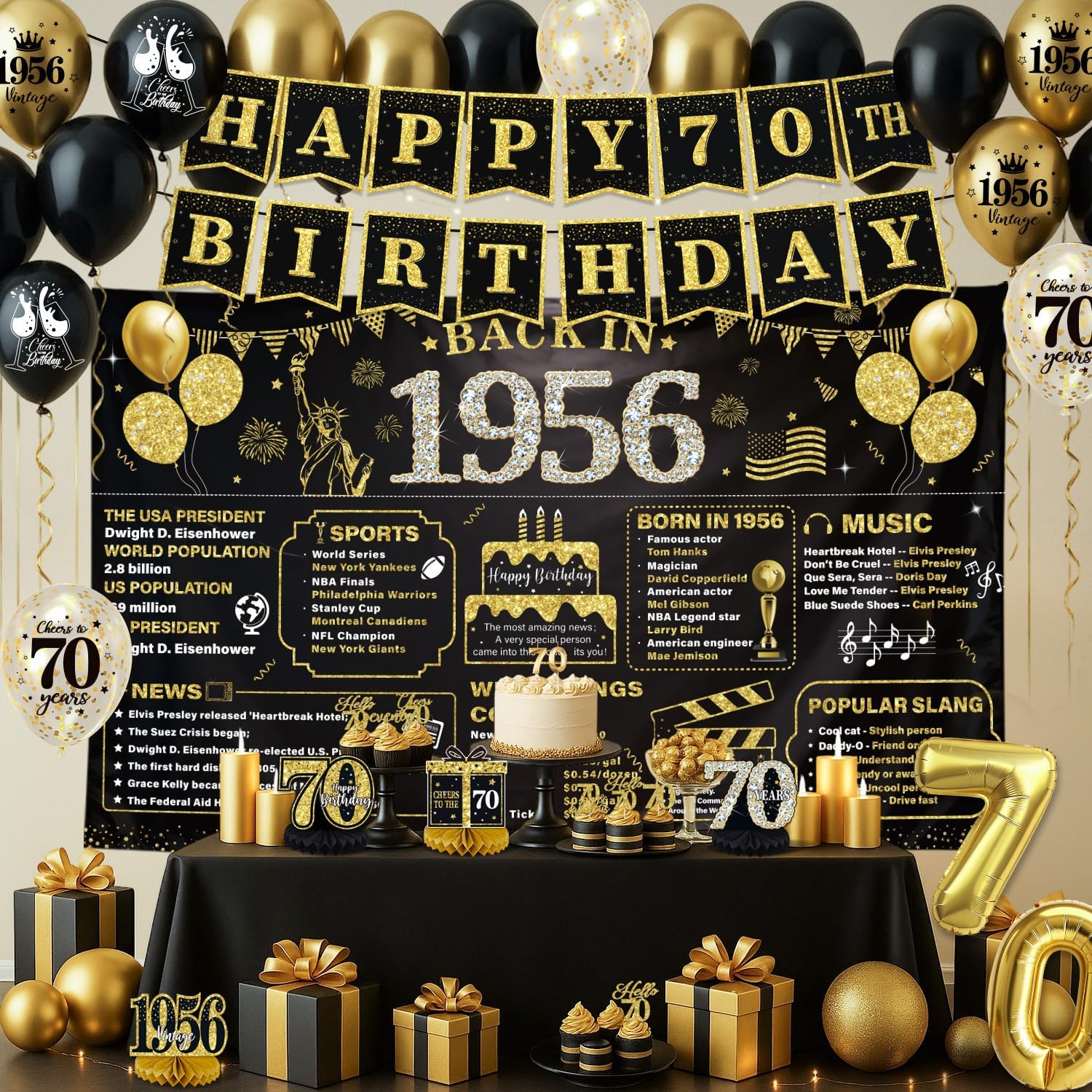 70th Birthday Decorations for Men Black Gold, 63PCS 70th Birthday Party Supplies Includes Banner, Backdrop, Balloons, Hanging Swirls for 70 Year Old Birthday Party Decorations Gifts for Him