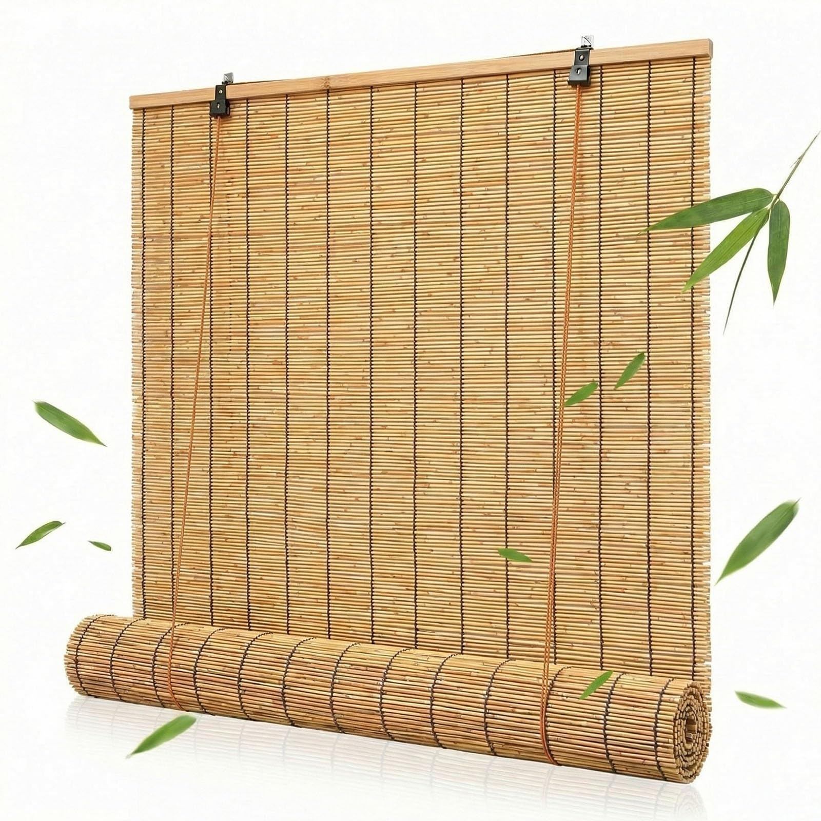 Bambusrollo Outdoor Wetterfest, Natur Bambus Rollo mit Lifter, Sichtschutz Balkon Bambus, Sonnenschutzrollo Außen für Garten, Schilf Vorhang Aussenbereich, Verdunkelung(Natural,100W x 120H cm)