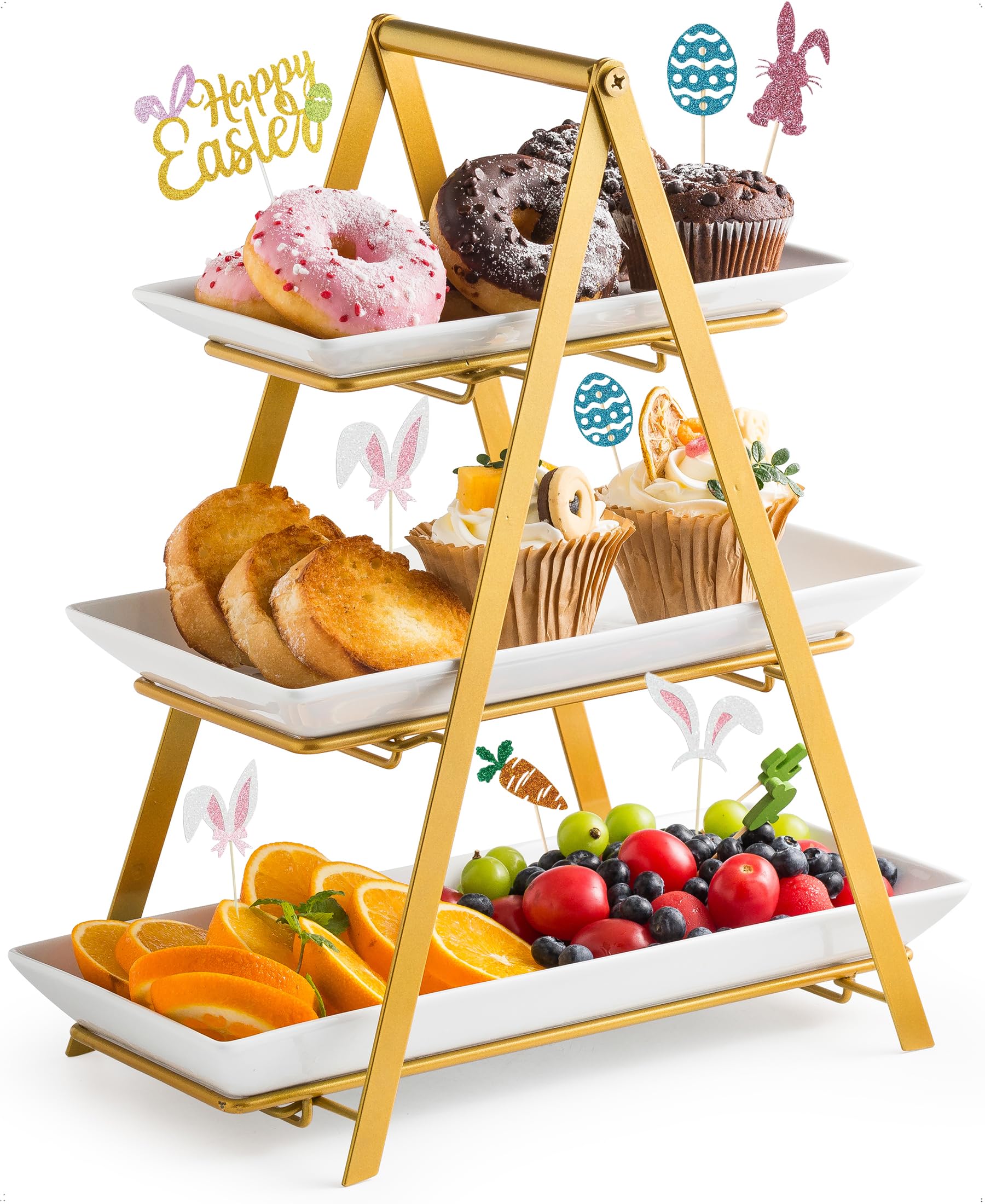 YHOSSEUN Bandeja de servir de 3 niveles, soporte de bandeja escalonada de porcelana, platos y bandejas de servir de 10 + 12 + 14 pulgadas con estante plegable más resistente, soporte de servir de 3