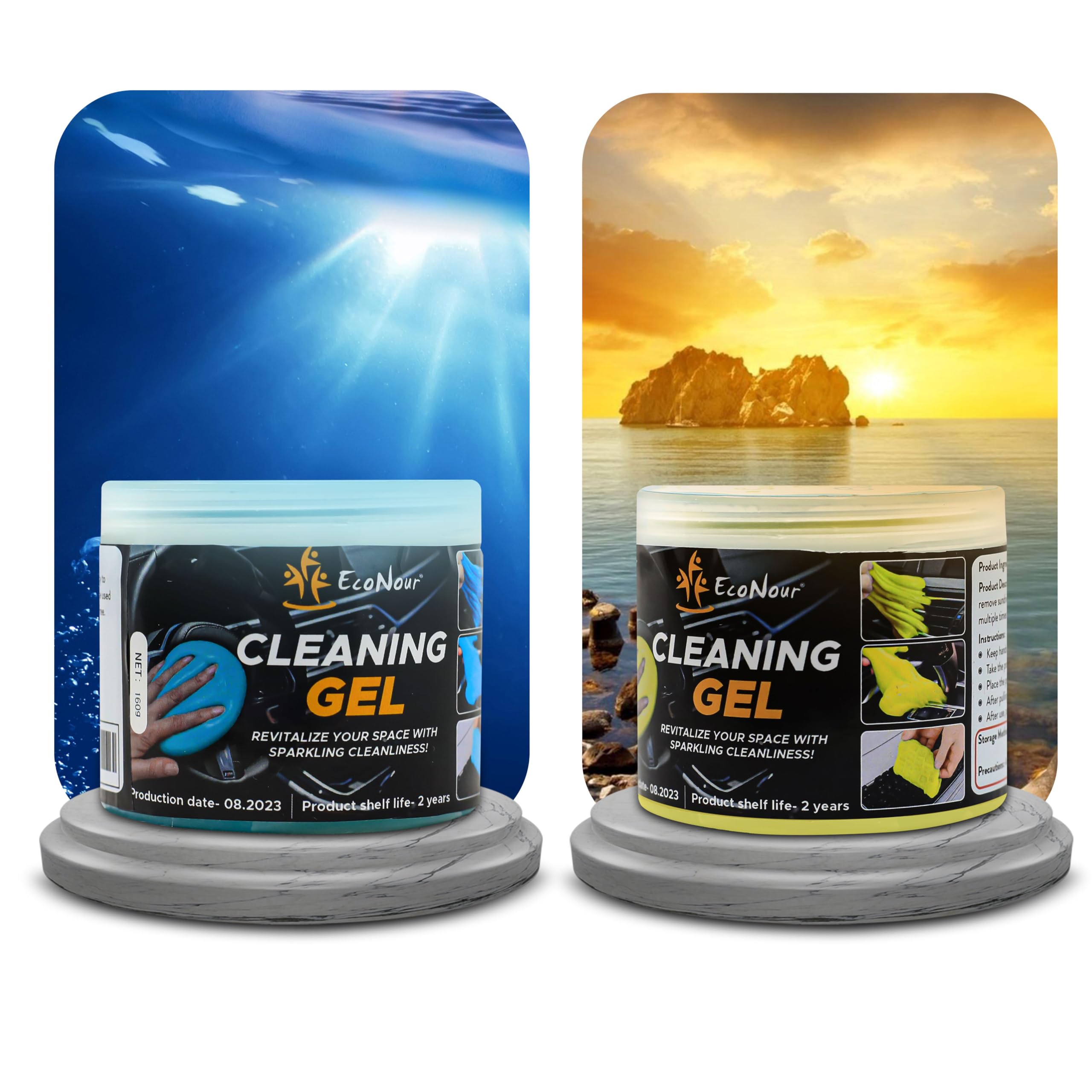 EcoNourCar Cleaning Gel (2 Pack) for AC Vents & Cup Holders | Car Cleaning Putty Accessories for Shiny Interiors | Universal Reusable Detailing Cleaning Slime for Keyboards | Yellow & Blue (160 GMS)