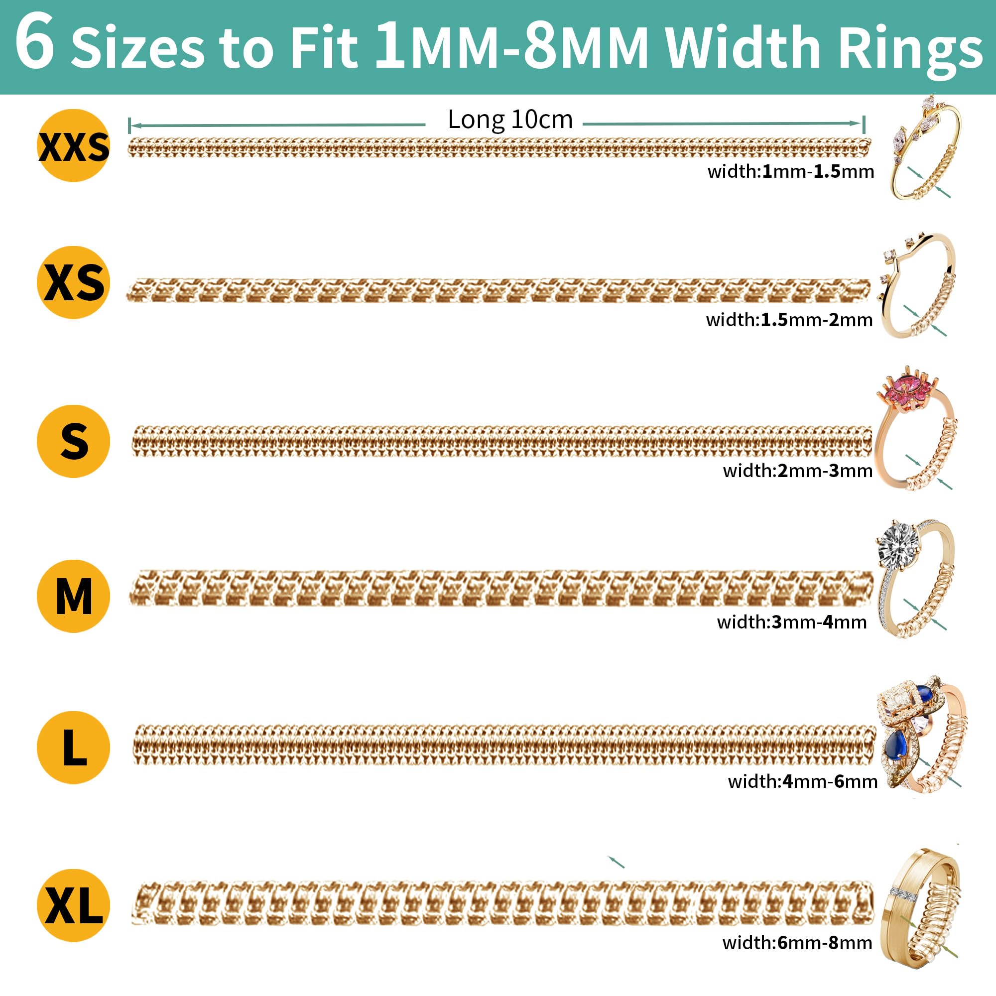 Ajusteur de taille de bague pour bagues lâches, Kueroami Ajusteur de bague avec protège-bagues, 6 tailles Ajusteur redimensionnable et serrant pour bagues, largeur de 1 à 8 mm, réduit les espaceurs de