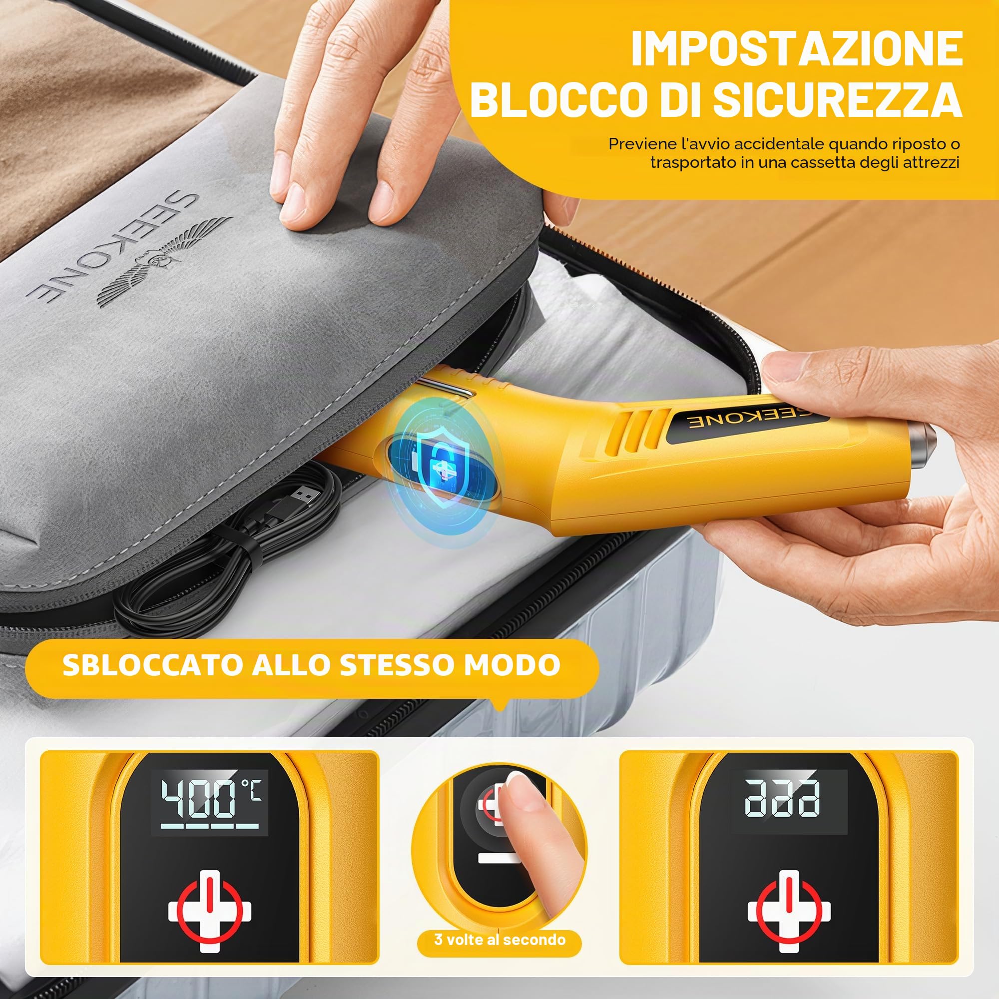 SEEKONE Mini Pistola ad Aria Calda Senza Fili, 4 Temperatura (Max 400 °C) con Funzione di Memoria, Pistola Termica a Batteria al Litio da 3,6 V, Ricarica USB, con Ugello Riflettore, per Artigianato
