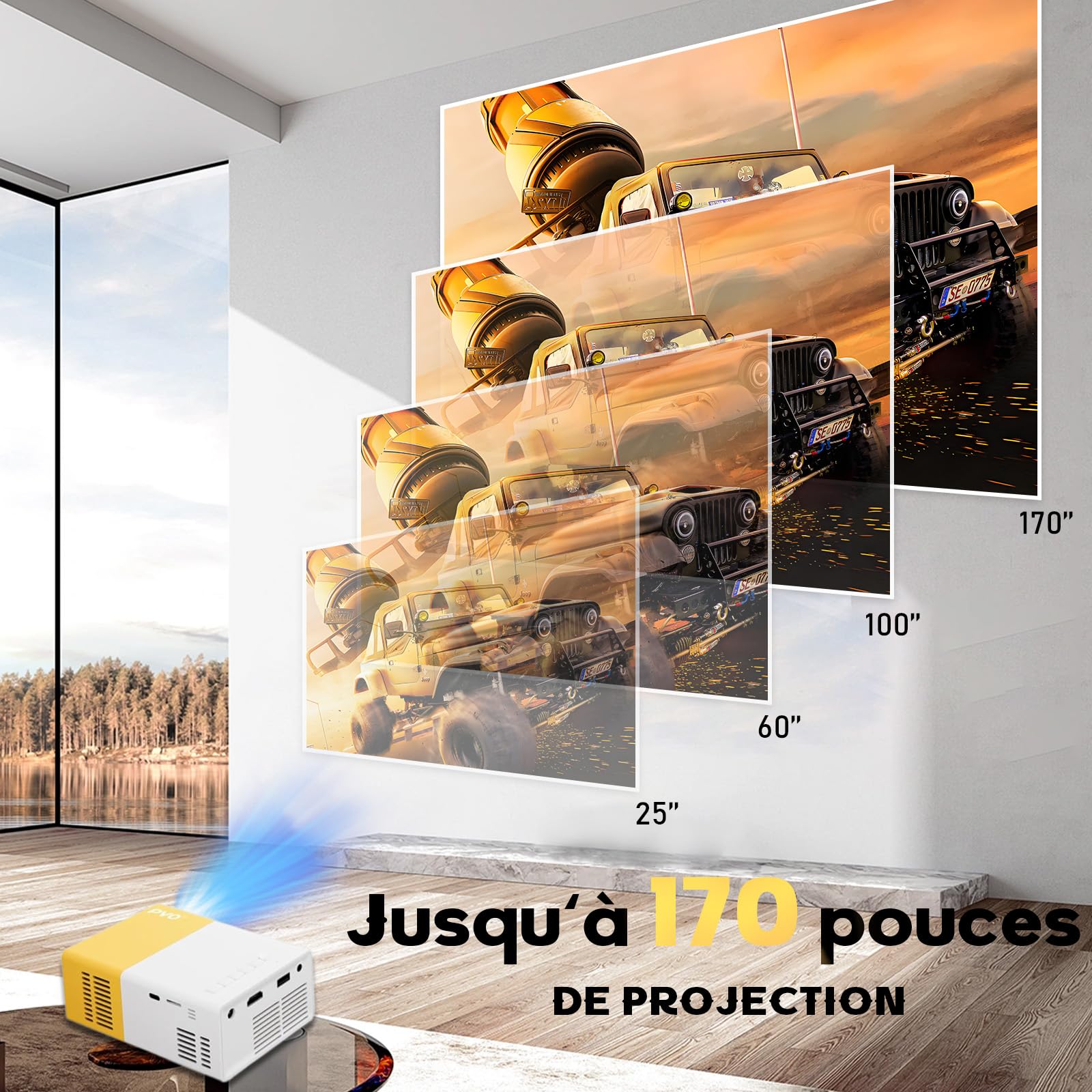 YG300 Mini Projecteur avec entrée HD,Mini Videoprojecteur pour la Chambre&l'extérieur,Videoprojecteur en Charge Une résolution de 320×240 Pixels,Compatible avec Les Smartphones&TV(Blanc et Orange)