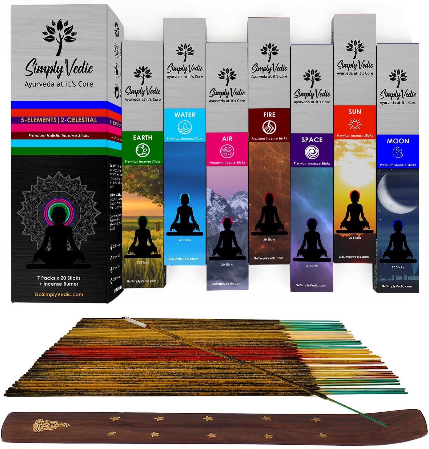 Simply Vedic Premium 5 Elements Incense Sticks| for Meditation, Yoga, Rituals, Aromatherapy, Energy Cleansing| Wooden Incense Holder| 20 Sticks x 7 Variety Pack, Last 60 Min. Each