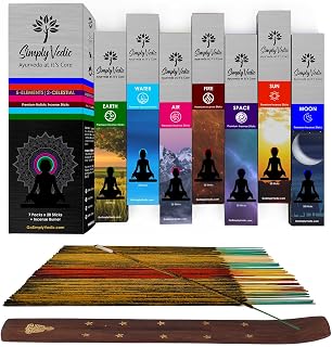 Simply Vedic Premium Incense Sticks Set of 5 Elements Earth, Water, Air, Fire, Space 2 Celestial Bodies Sun & Moon| 140 Natural Agarbatti with Burner| for Home Pooja, Meditation, Yoga, Aromatherapy