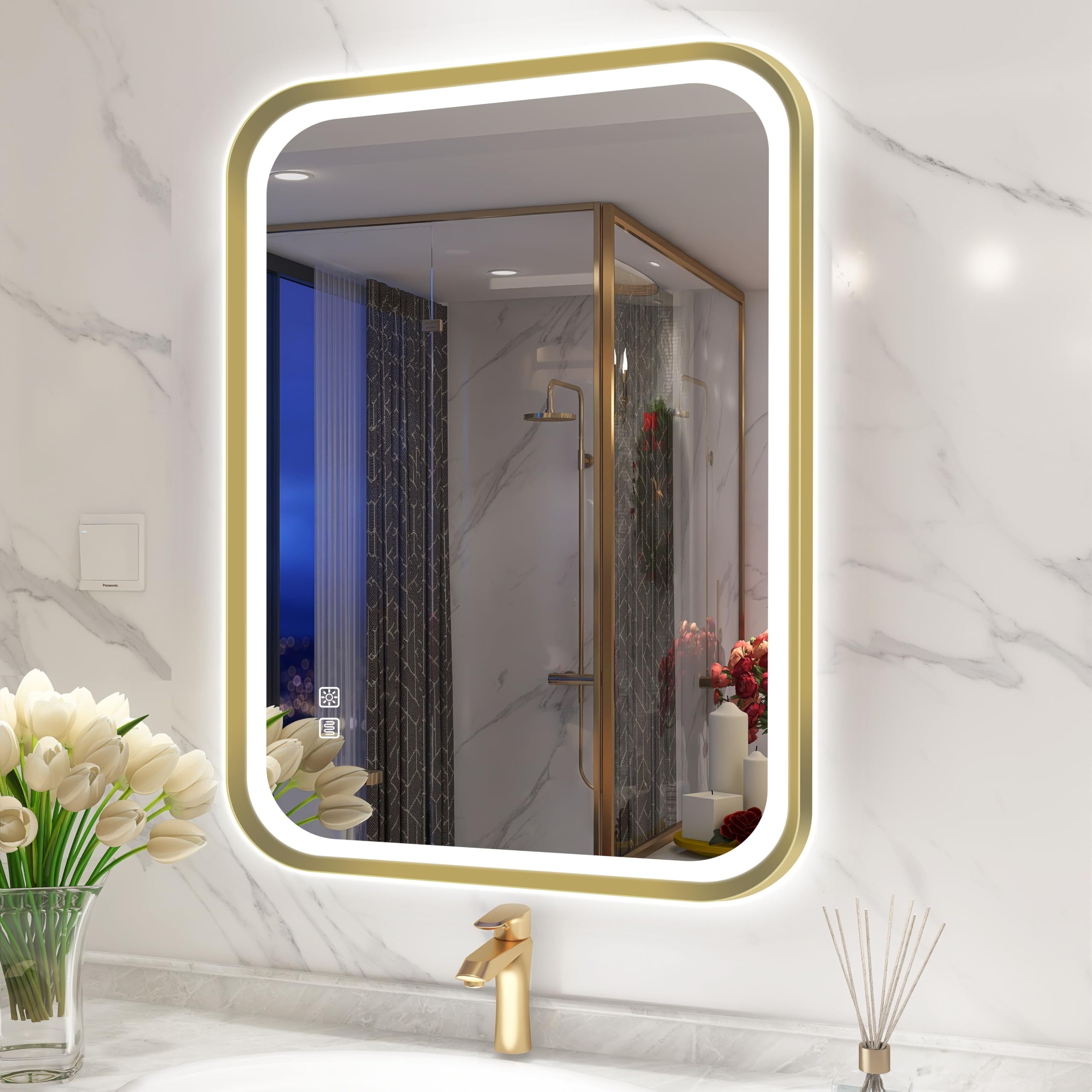 S'bagno Espejo Baño con Luz 80x60 cm, Espejo Baño Led con Marco de Aluminio, Anti-Vaho, 3000-6500K, Función de Memoria, IP44 Espejos de Baño con Led, Horizontal/Vertical, Dorado