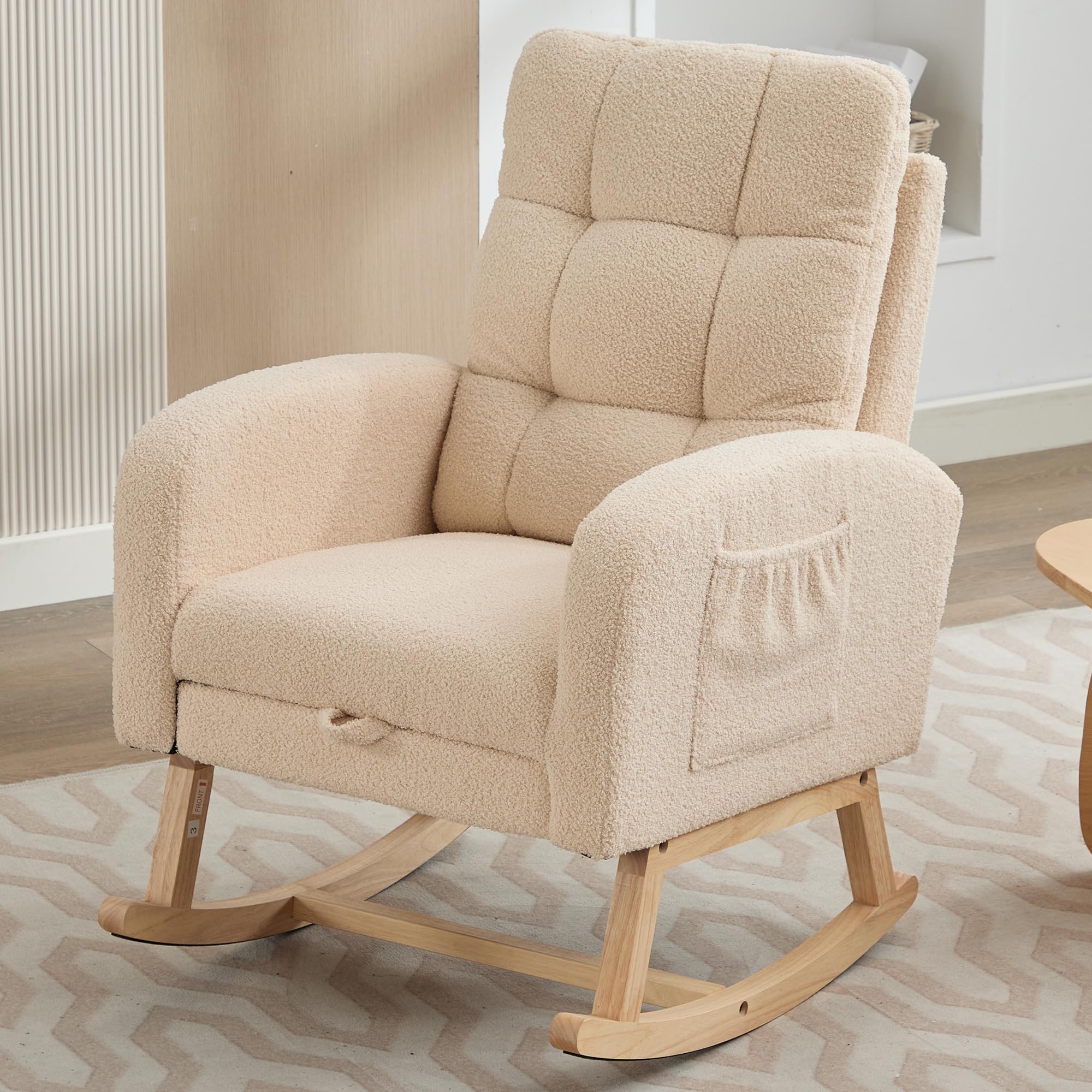 Sedia a dondolo Teddy in velluto, beige con struttura in legno massiccio, piedini in metallo con gambe nascoste, imbottitura in schiuma alta, per soggiorno, camera da letto, cameretta dei