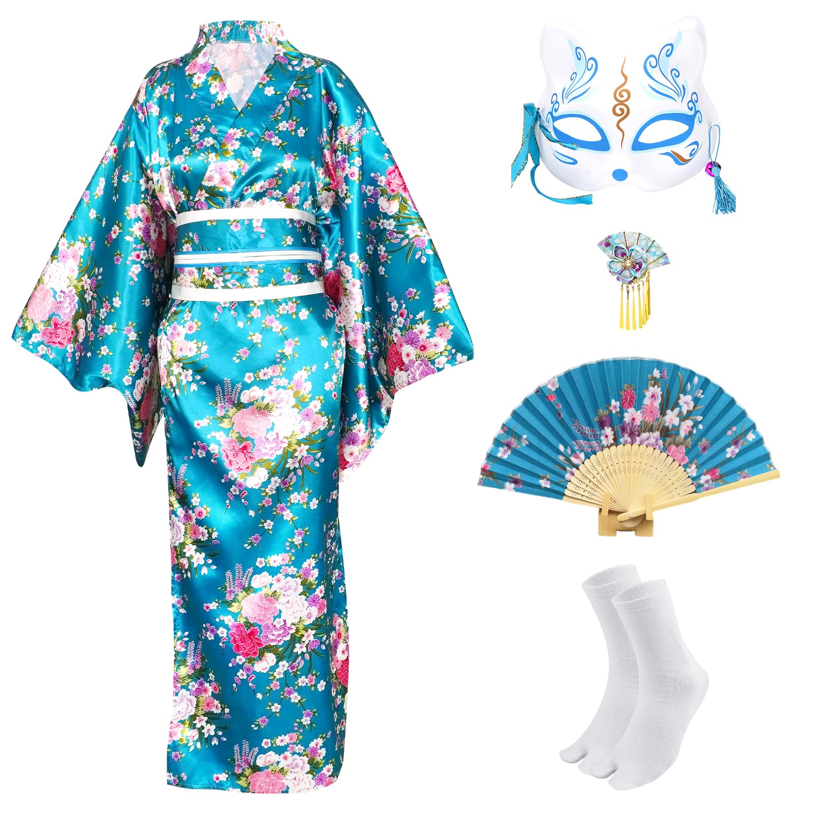 CRFASIBE 5 Pezzi Kimono Donna Lungo, Costume Giapponese Yukata per Cosplay | Set Completo Kimono con Accessori e Confezione Regalo, Taglia Unica, per Carnevale, Cerimonia, Festa
