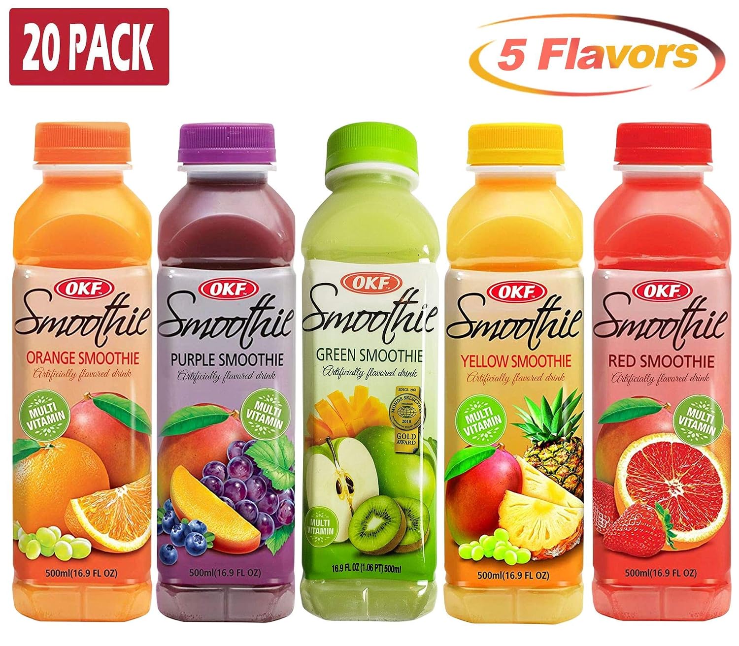 OKF Smoothie, Multi Vitamin Premium New Drink, 16.9 Fluid Ounce (5 Flavor Variety Pack, 20 Pack)
