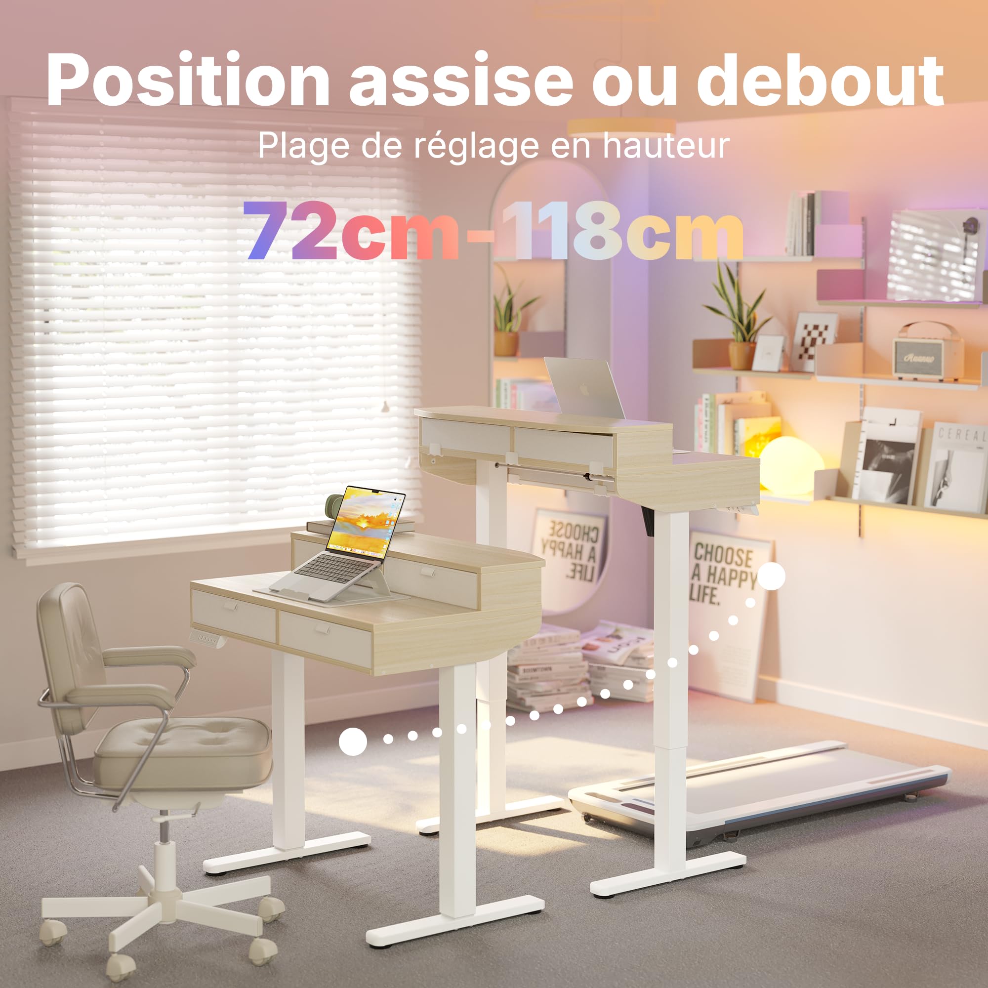 HUANUO Petit Bureau Assis Debout Tiroirs 80 x 53 cm Réglable Hauteur