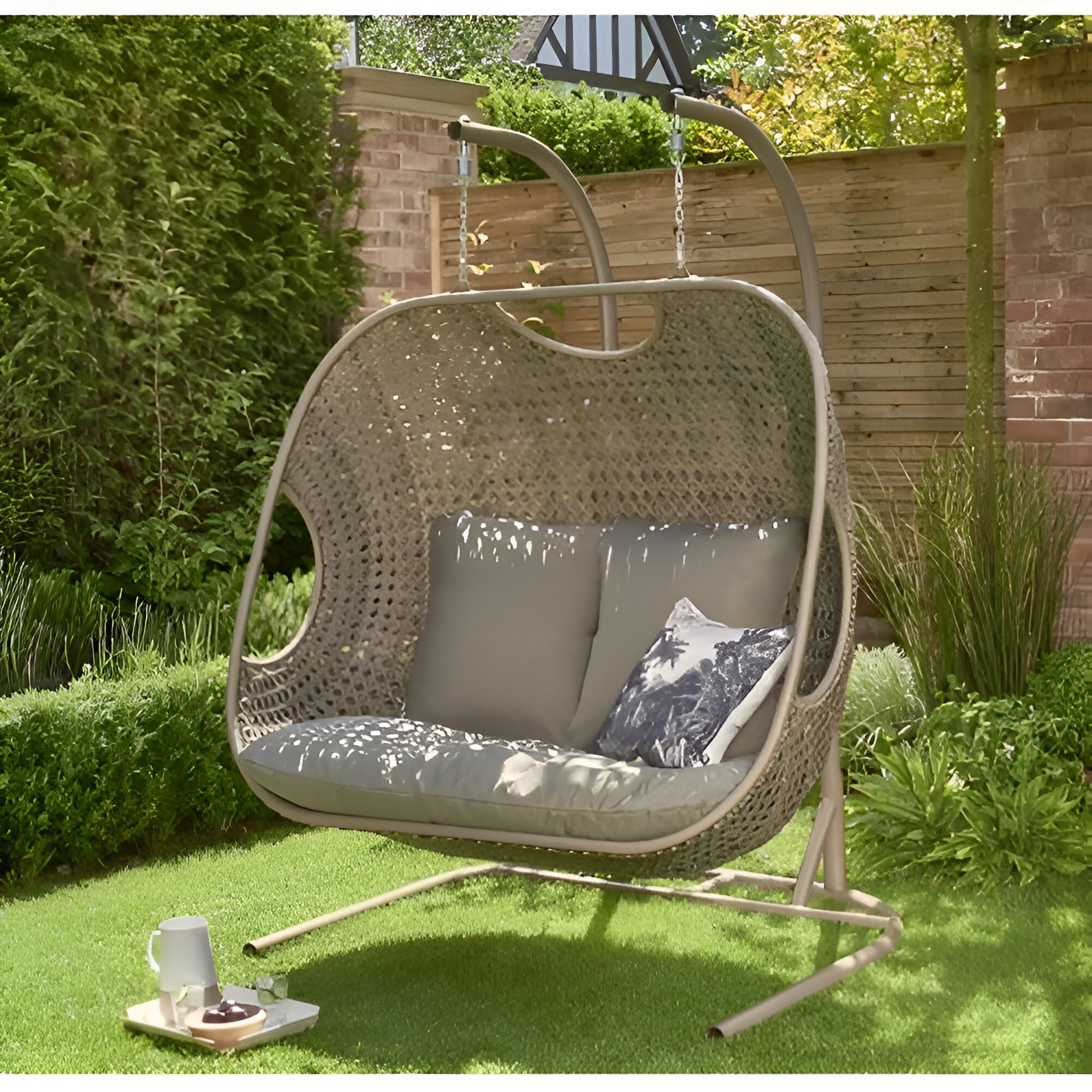 Hindoro Wrought Iron Rattan Wicker Double Seater Swing With Stand