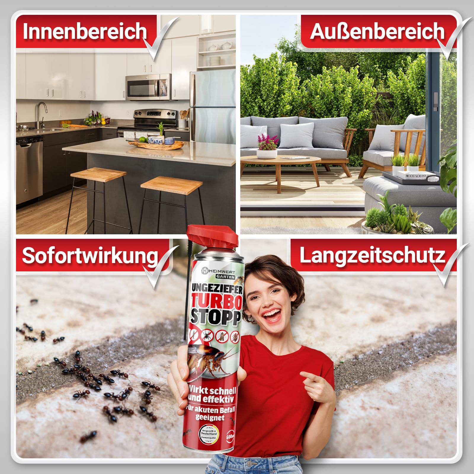 HEIMWERT Insektenspray Akut gegen Ungeziefer – Sofortige Wirkung mit Langzeitschutz gegen Ameisen, Mücken, Fliegen, Silberfische, Spinnen uvam - Spray Mittel für Wohnung + Garten 600 ml (2x600ml)