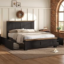 LUXOAK 5ft King Size Wooden Bed Frame, 4 Storage Drawers, 150x200cm, Black