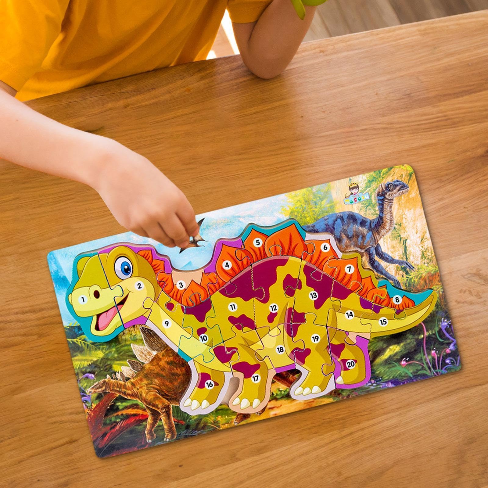 Puzzle in Legno di Tirannosauro per Bambini Che Imparano I Numeri, Giallo