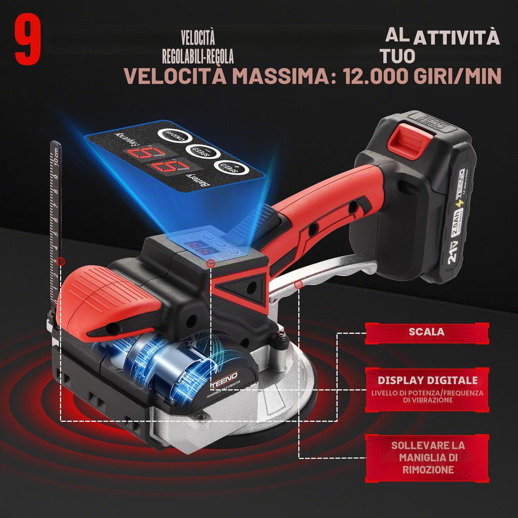TEENO 2 in 1 Ventosa Vibrante per Piastrelle Senza Fili, Ventosa Elettrica per Piastrelle con 2 Batterie da 2Ah, 9 Velocità, 500 kg di Aspirazione, 12000 RPM di Vibrazione, Ventosa da 145mm+Scala+