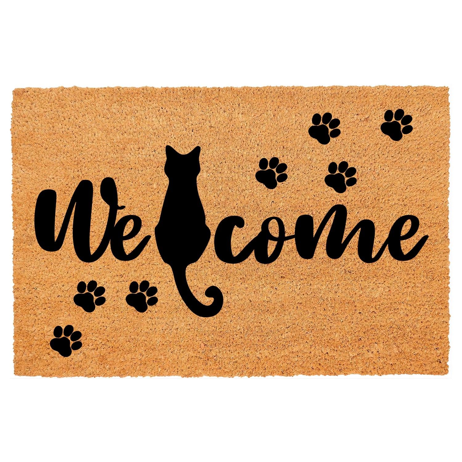 Funny Coir Doormat Welcome Mats with Heavy Duty Front Porch Patio Welcome Mats Entry Natural Coconut Brown Mat Novelty Gift Doormat 23.7 x 15.7 inch (Welcome Sitting Cute Black Cat)