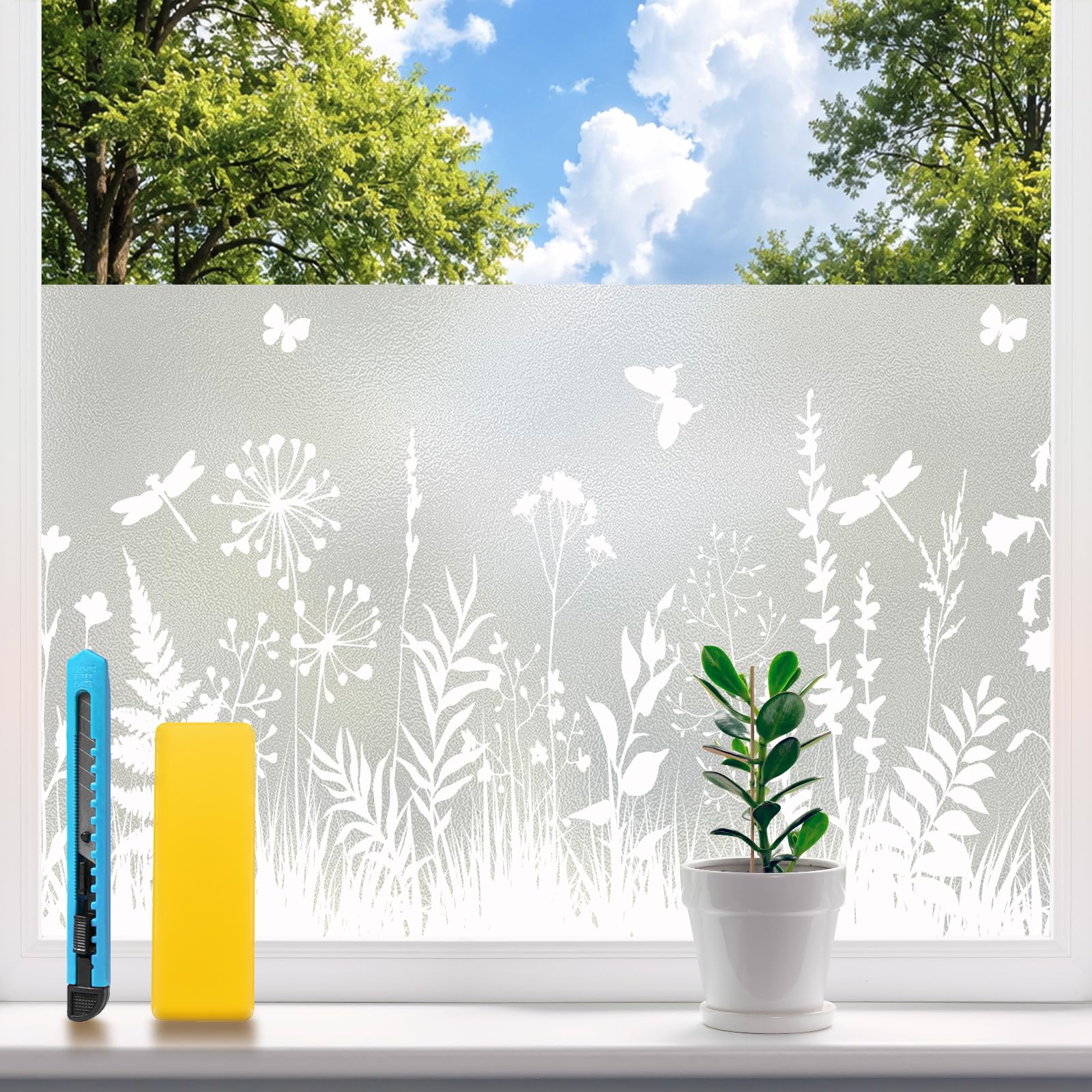 Weeoley Fensterfolie Blickdicht mit Blumenmuster, Selbsthaftende Statische Sichtschutzfolie