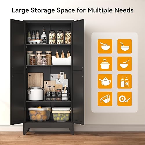 Miniatura 6 de COFaR Armario de despensa de 61 pulgadas de alto en negro, armario de almacenamiento moderno con estantes ajustables, armario de metal resistente