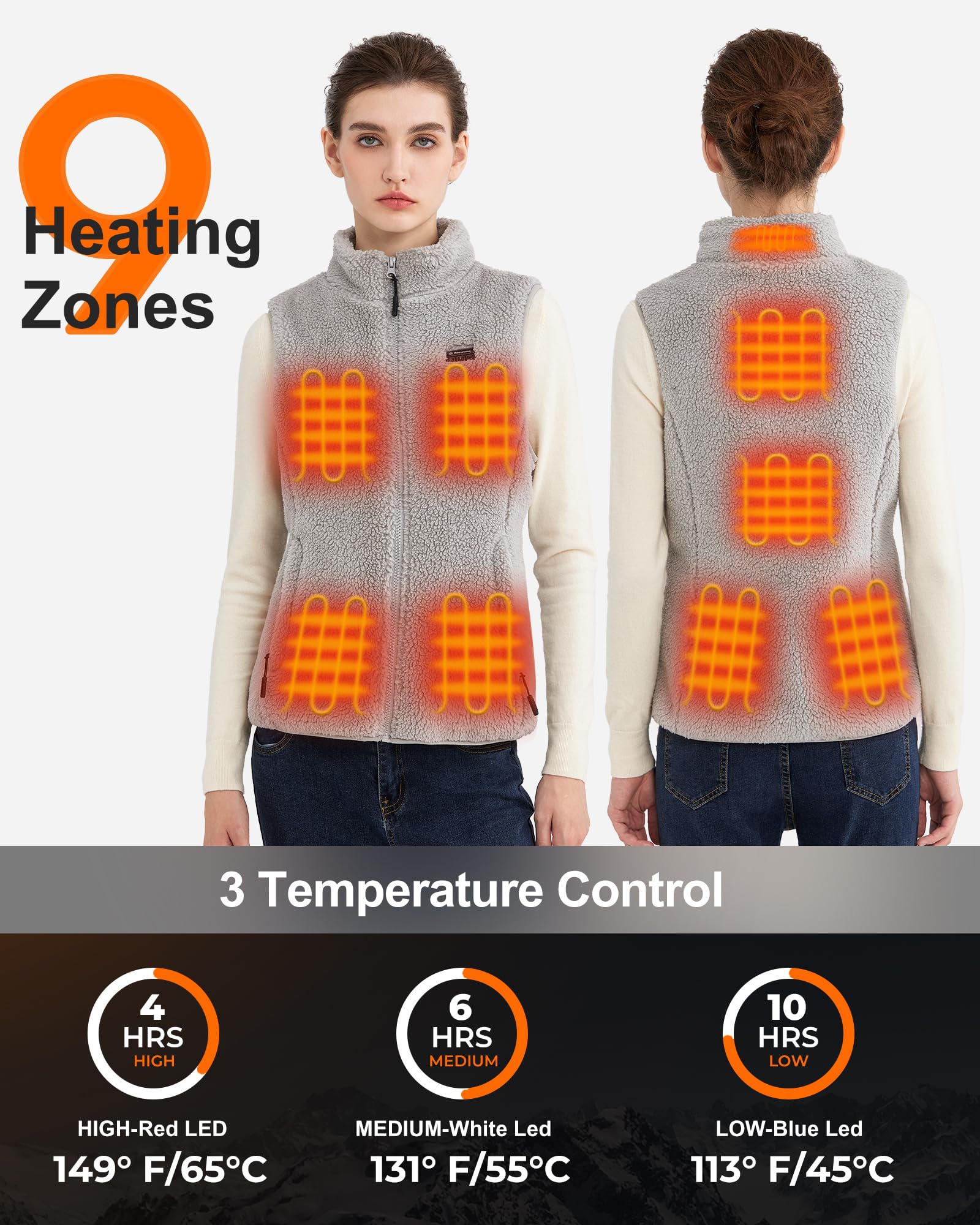 Polaire Gilet Chauffant Femme avec Batterie 16000mAh 7.4V, Sherpa Gilet Ski Extérieur