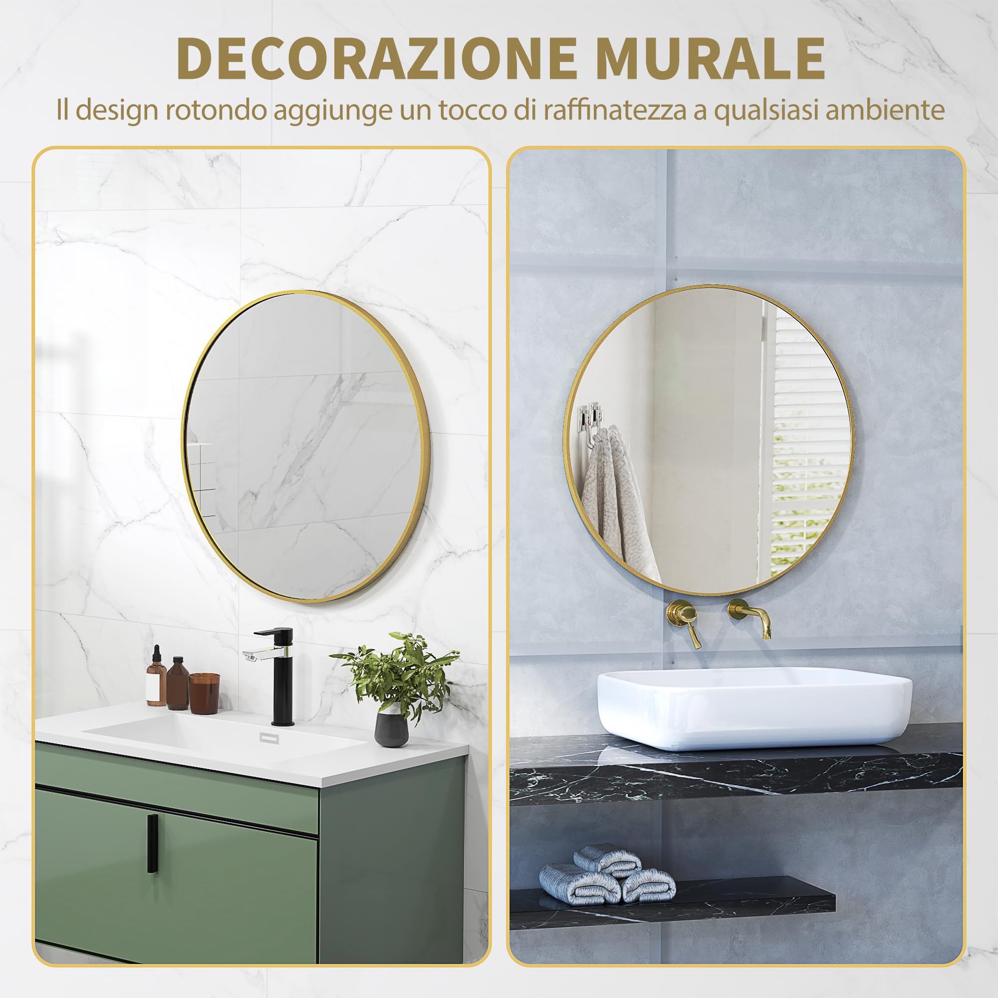 HOMCOM Specchio Bagno Rotondo Ø70cm in Vetro, Specchio da Parete Moderno con Cornice in Metallo, con Superficie Antiurto, per Camera da Letto, Ingresso, Soggiorno, Oro