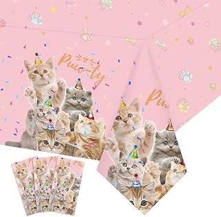 3 Pack Cat Tablecloth - 54 x 108 Inch Plastic Tablecloth Kitten Birthday Party Table Cover for Kids Birthday Baby Shower Party Decorations Supplies Pink