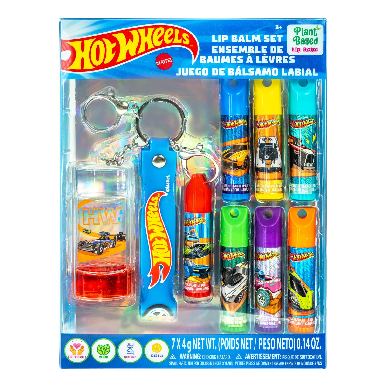 Townley Girl Hot Wheels 7 Pack Lip Balm with Keychain, Plant Based Lip Balm for Kids
