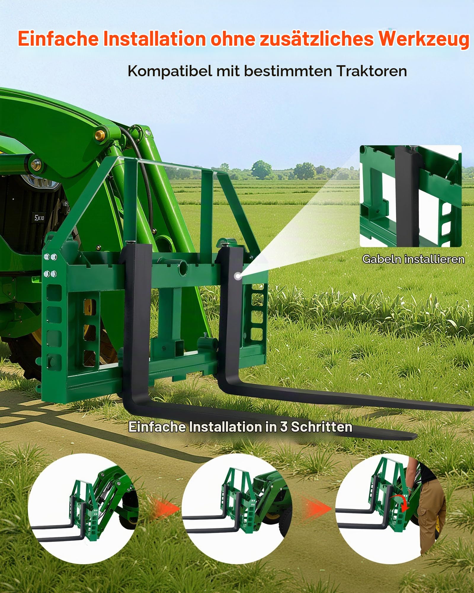 VEVOR Schnellbefestigung, 1814 kg Traglast, Palettengabelrahmenaufsatz mit 915 mm Langen Gabeln, Gabelstaplerklingen, 5,1 cm Anhängerkupplung und Speerhülsen, passend für JD-Traktoren