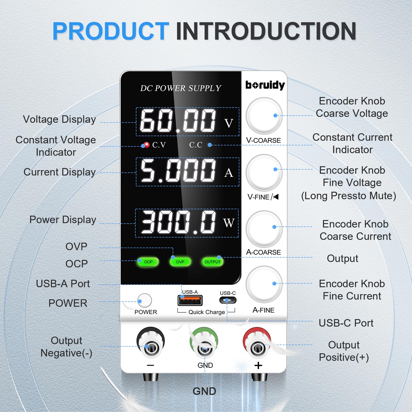 Alimentatore da Labotorio Alimentatore Stabilizzato Banco 60V 5A, Alimentatore DC Regolabile da Display LED a 4 Cifre, con Porta di Ricarica 18W USB, Pulsante OUTPUT, Manopola Encoder