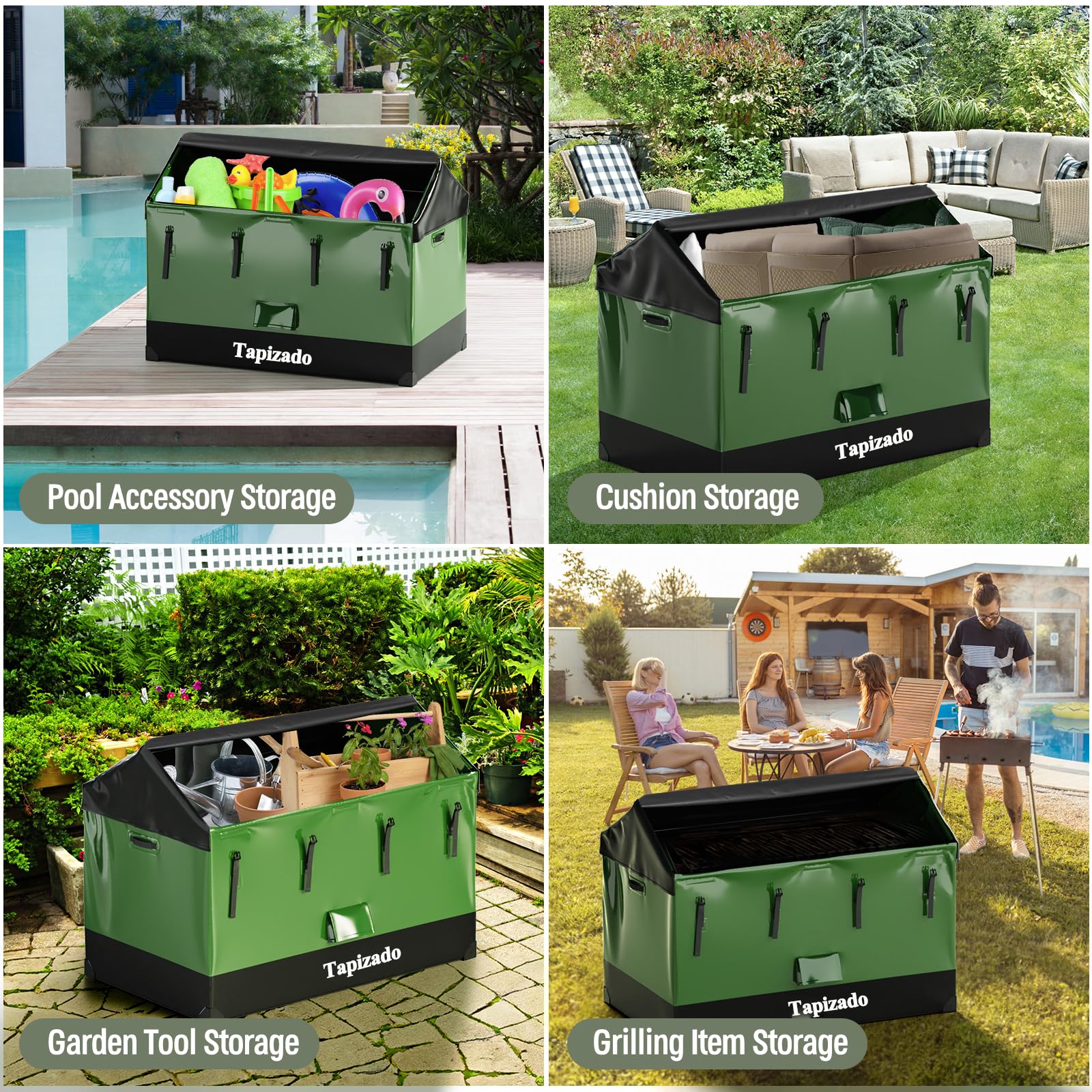 1170L Extra große Deckboxen, 310 Gallonen wasserdichtes Outdoor-Aufbewahrungsfach für Terrassenmöbel-Kissen, Poolzubehör, Gartenwerkzeuge und Weihnachtsbaum, Schwarz & Grün
