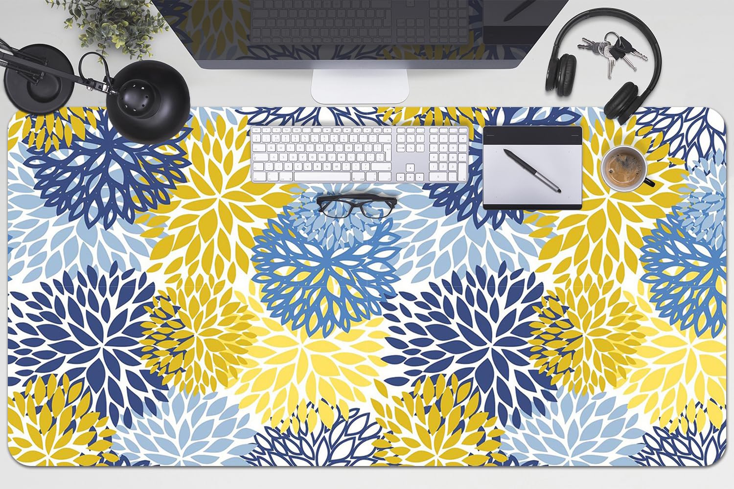 Sottomano per Tastiera 100x50 cm Antiscivolo per Ufficio e Casa Facile da Pulire Impermeabile Superficie Protettiva Protezione e Decorazione in Vinile PVC - Fiori di crisantemo