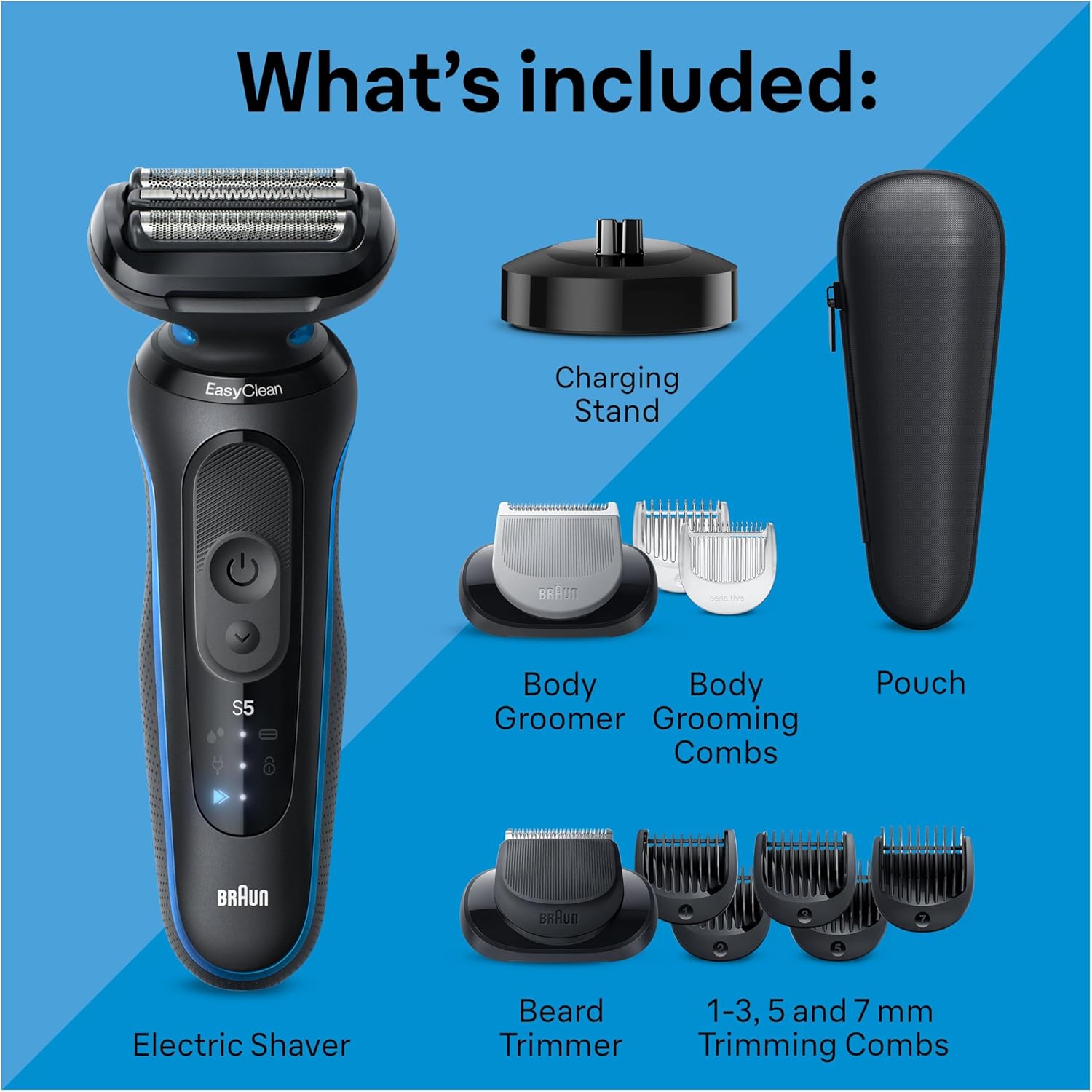 Braun Electric Shaver for Men, Series 5 5150cs, Wet & Dry Razor, Turbo Shaving Mode, Foil Shaver, with Beard Trimmer, Body Groomer and Charging Stand, Blue - Image 3