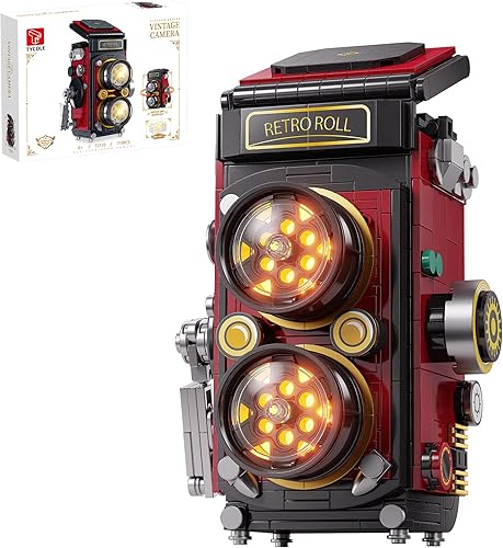 Juegos de bloques de construcción de cámara retro con luces, juguetes de construcción de cámara DIY con diseño reflejo de doble lente, modelo