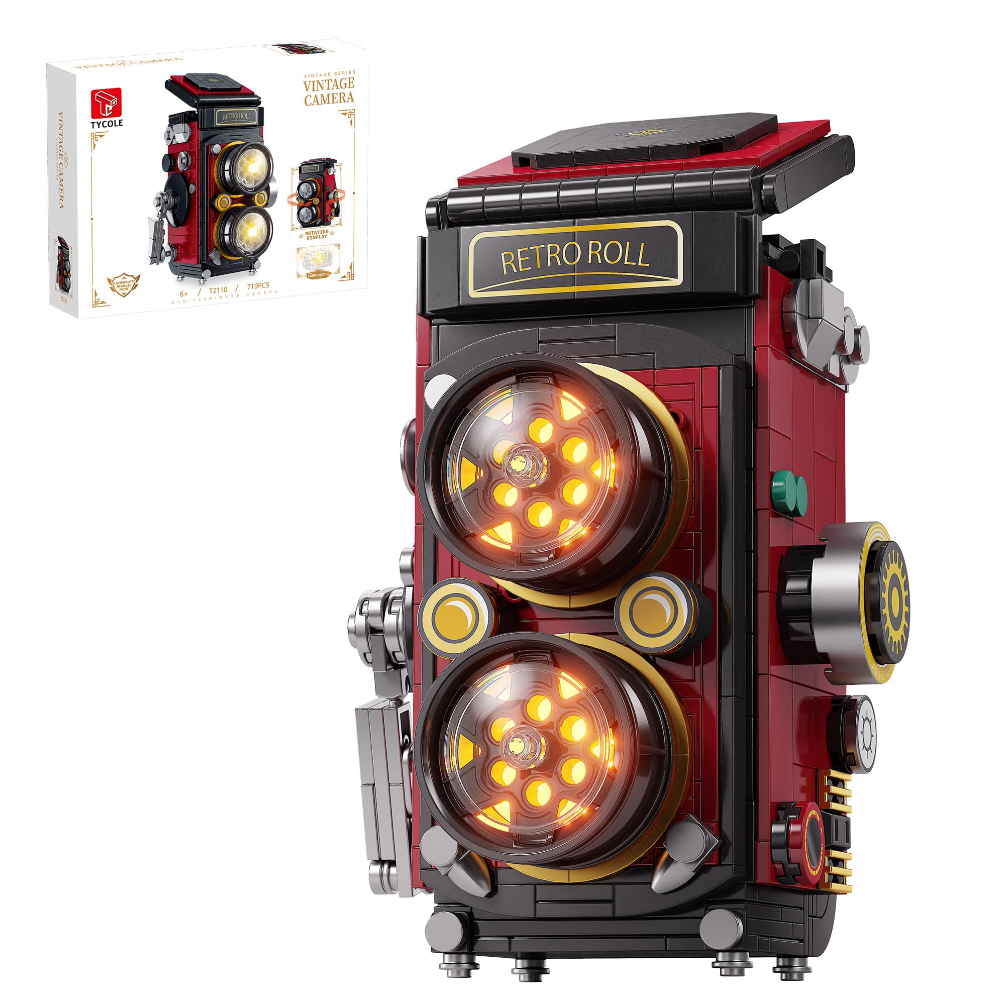 TYCOLE Retro Camera Building Blocks Sets with Lights, DIY Camera Building Toys with Twin-Lens Reflex Design, Unique Collectible for Home Decor, Christmas Birthday Gift for Adults Boys age 8-12(719Pcs)