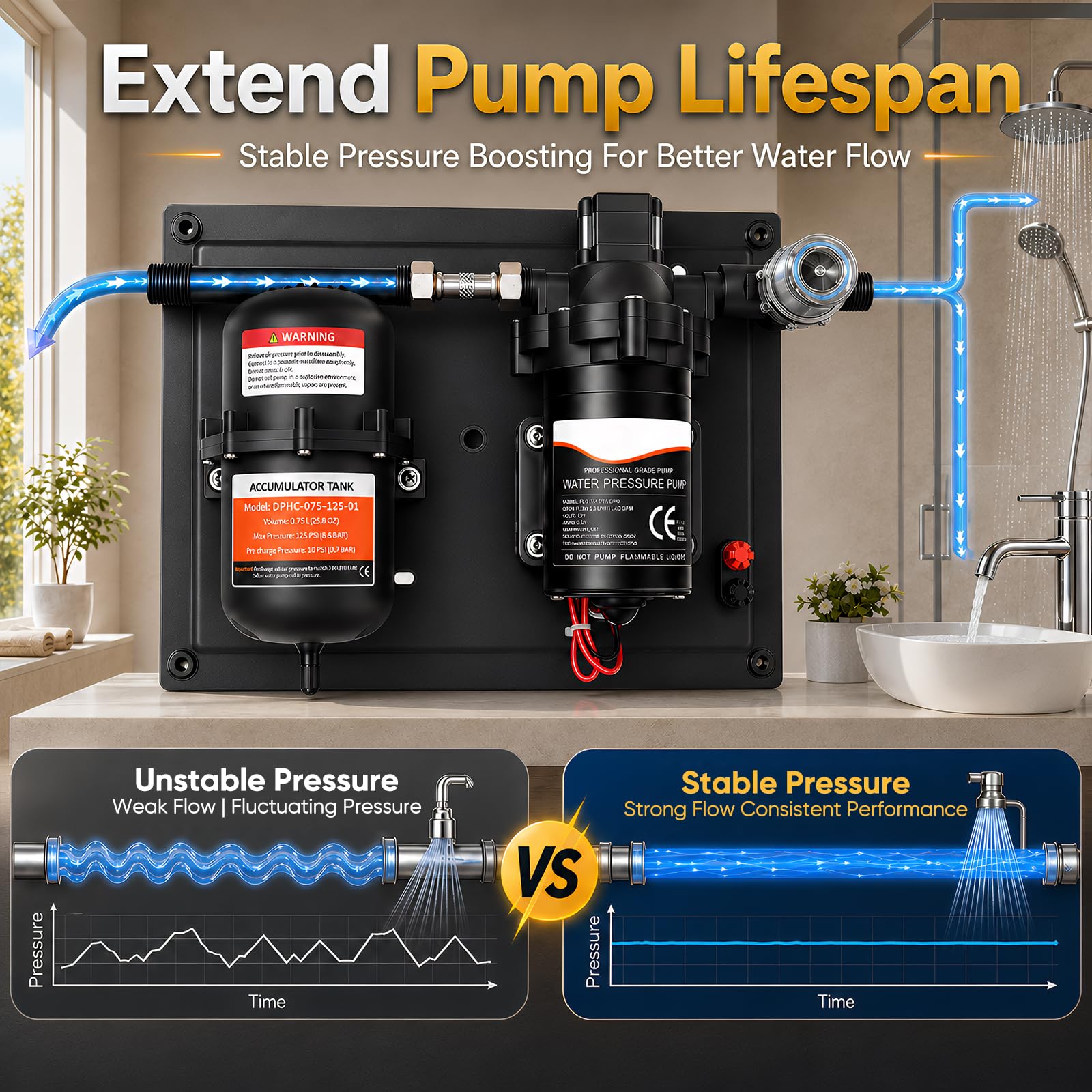DC 12V Wasserdrucksystem mit 0,75L Druckspeicher, 3,0 GPM 50PSI Selbstansaugende Membranpumpe mit Filter & Druckeinstellung, leise Wasserversorgungspumpe für Wohnmobil, Boot, Garten, Camping