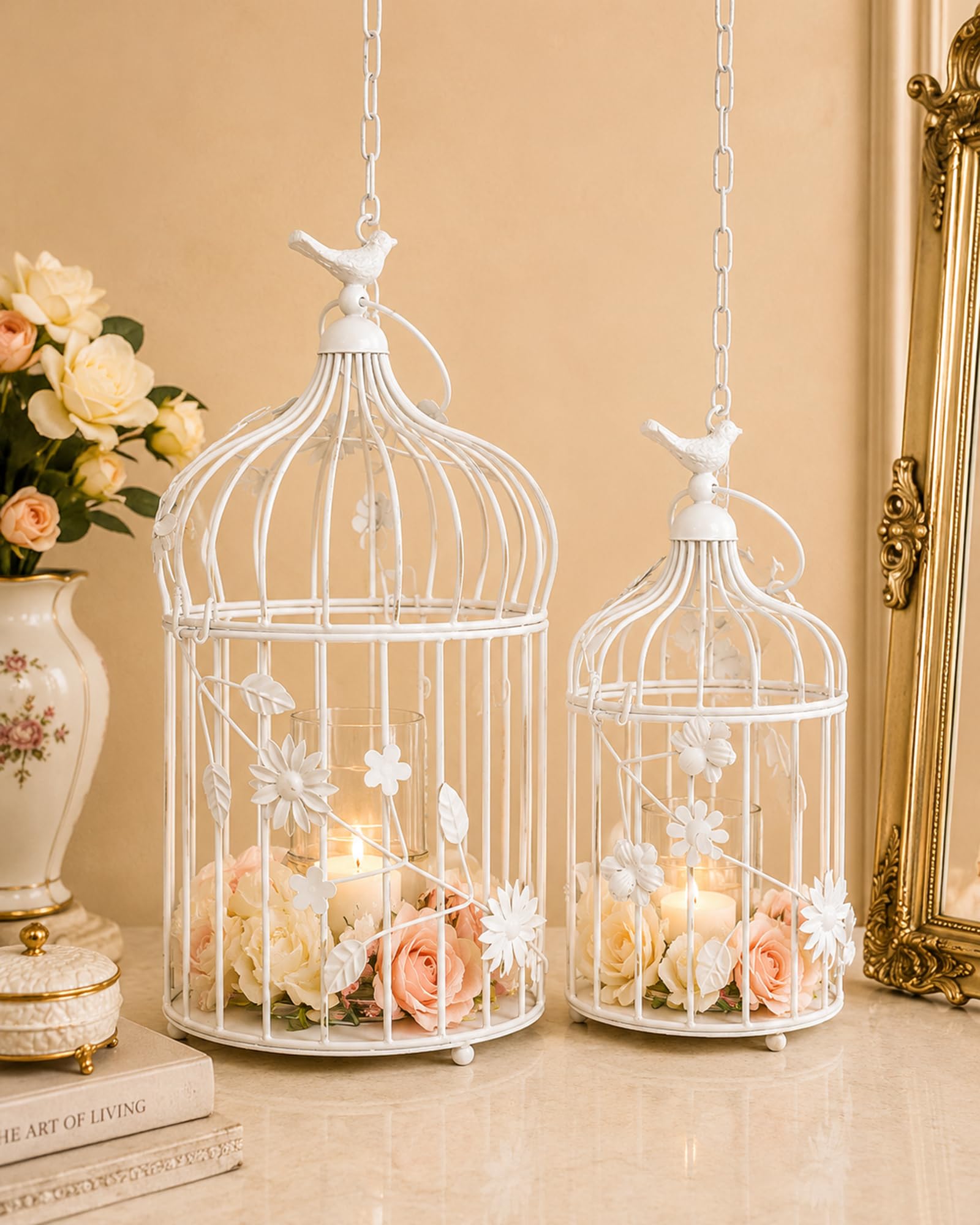 Homesake Antique Lantern White Bird Cage birdbaths Home Decor Items as Hanging Pendant Lights Ceiling Decorative Vintage Chandelier For Living Room, Home, Bedroom, Hall Jhumar Lighting for Home, Both Indoor Outdoor (White) - Pack of 2-image-25