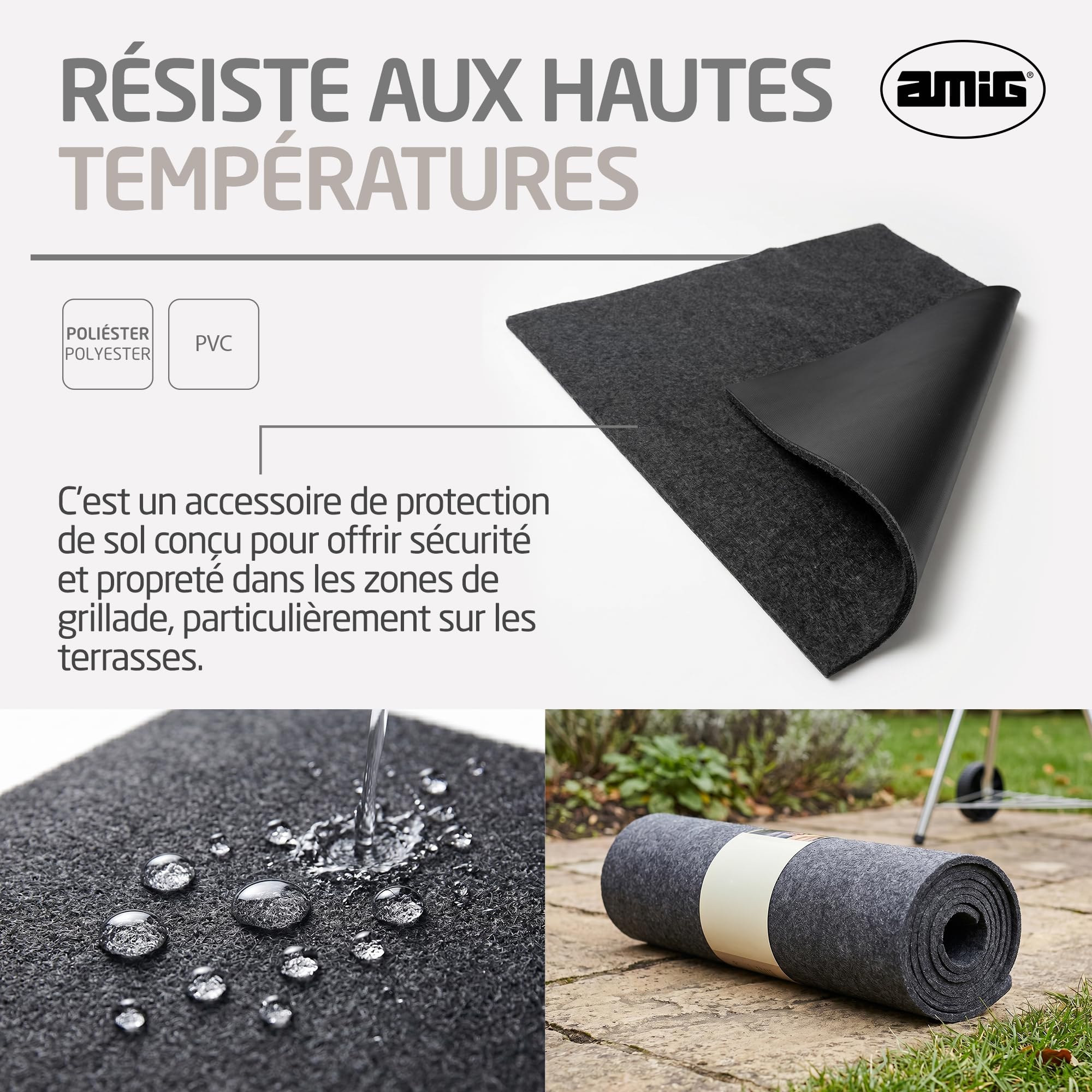 Amig - Tapis de Protection pour Barbecue BBQ - Anti-Taches, Imperméable et Antidérapant - Protection du Sol Contre la Graisse, l’Huile et Les Étincelles - 100 x 120 cm - Polyester PVC - Noir