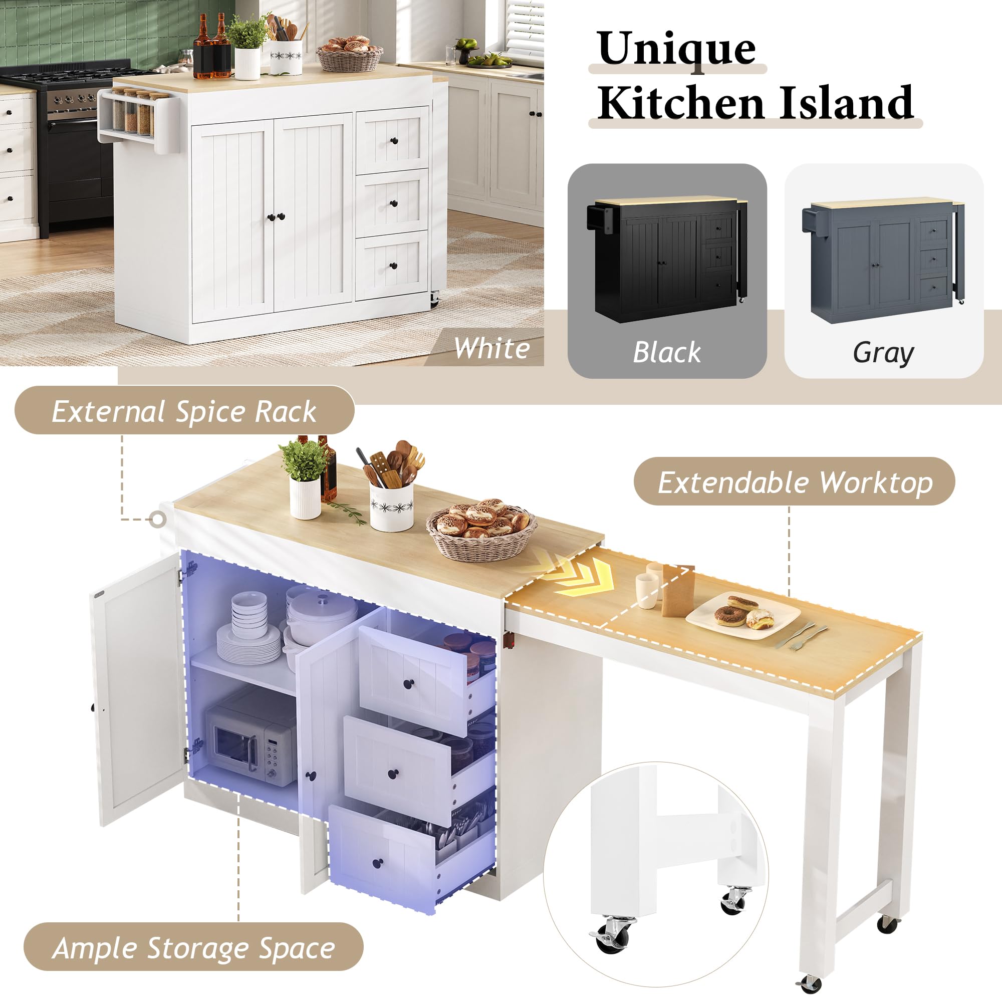 TIZZ Isola della cucina su ruote, zona pranzo allungabile isola cucina con portaspezie e cassetti, mobile autoportante, ideale per cucina e sala da pranzo (bianco)