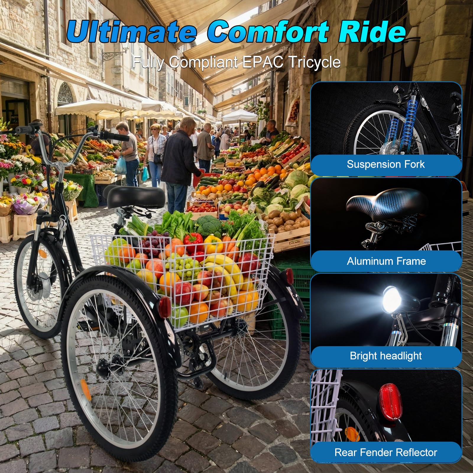 Triciclo Elettrico per Adulti e Anziani | Motore 250W Conforme EPAC EN 194 | Velocità Max di Assistenza 25 km/h | 7 Velocità, Cestino Grande, Telaio in Alluminio, Luci LED, 3 Ruote per Tutti i Terreni