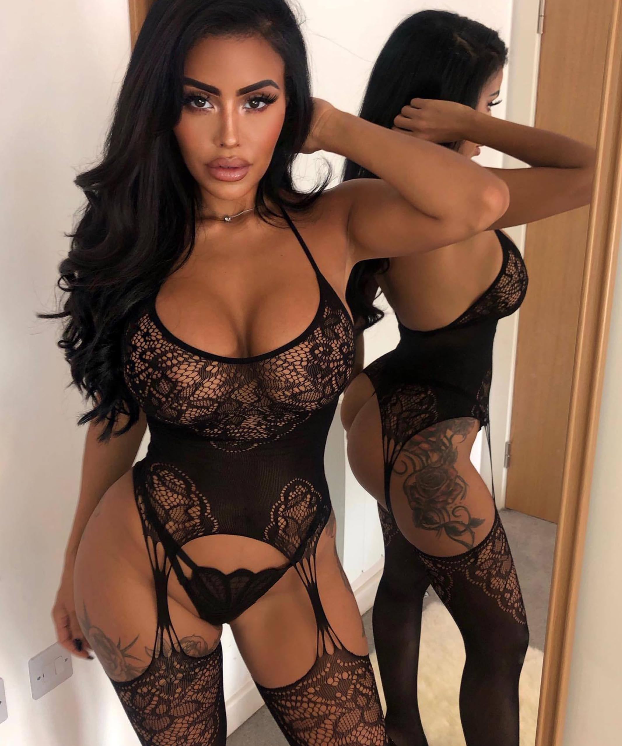 Buitifo Womens Fishnet Bodystocking Plus Size Crotchless Bodysuit Sexy Tights Soft Nightwear Lingerie: One Size Black Ngb