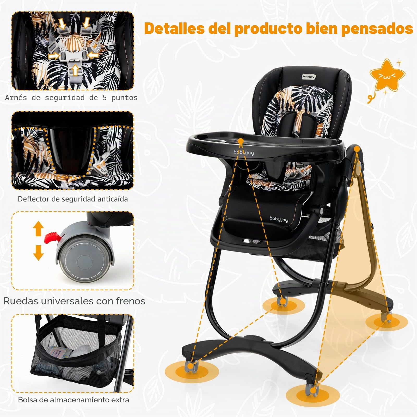 GOPLUS Trona para bebé con bandeja doble extraíble, respaldo ajustable, reposapiés y altura del asiento, silla de alimentación con ruedas y bolsa de almacenamiento para bebés de 6 a 36 meses (negro)