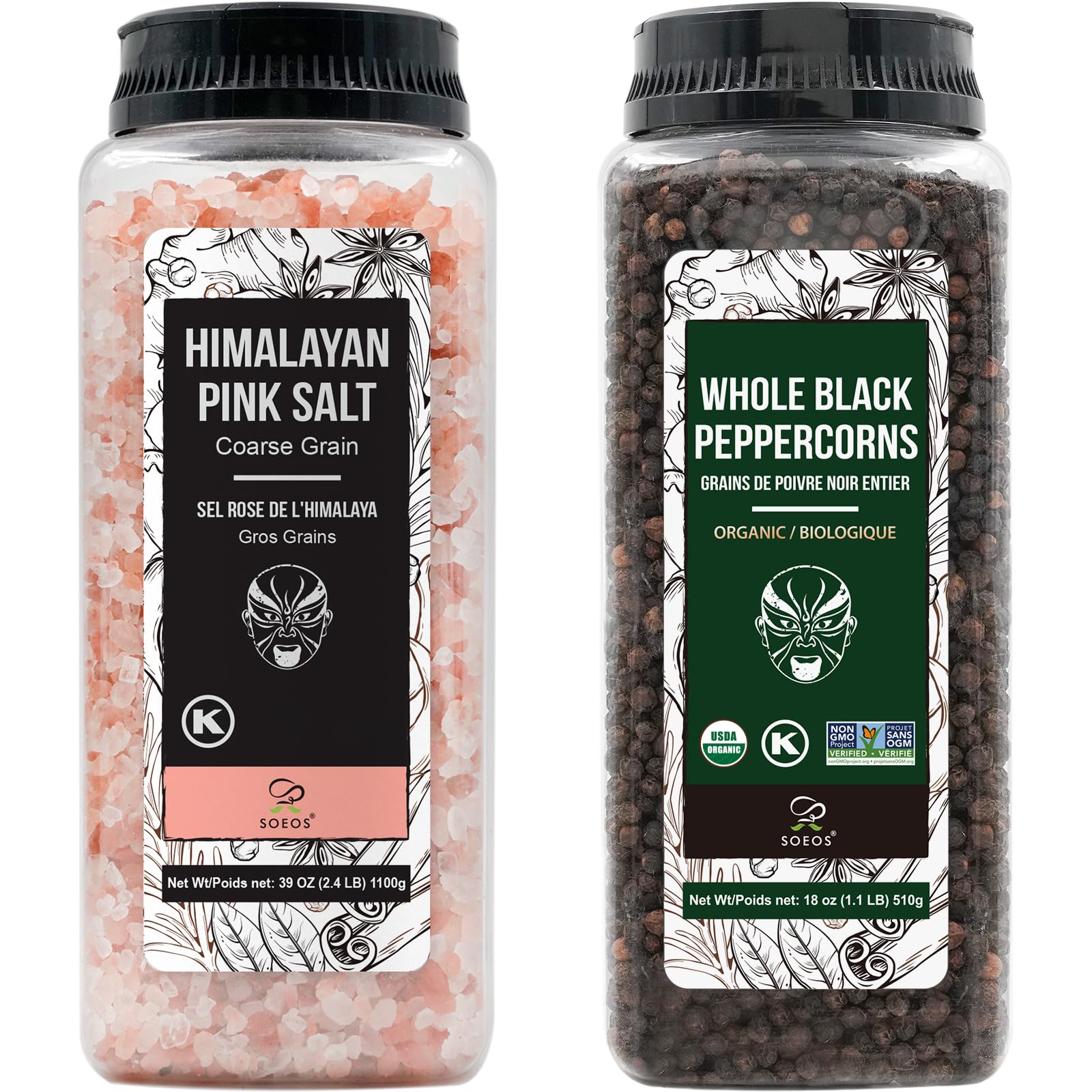 Soeos Himalayan Pink Salt Coarse 39 oz + Organic Black Peppercorns 18 oz, Salt for Grinder Refill, Salt and Peppercorns, Pepper Grinder Refill, Non-GMO Spice Seasoning Set For Cooking