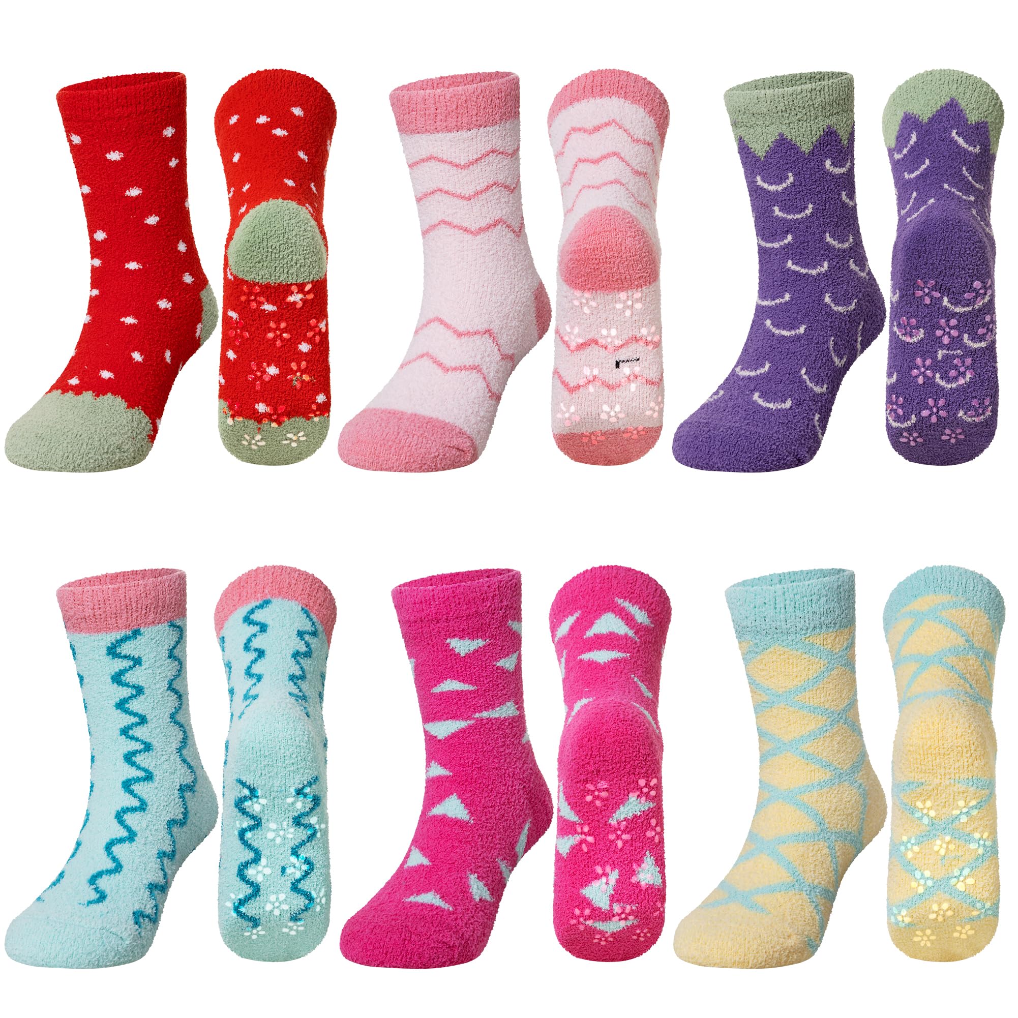 SeeyAN Kids Fuzzy Slipper Grip Socks Boys Girls Non Slip Winter Thick Fluffy Warm Soft Plush Thermal Crew Socks 6 Pairs